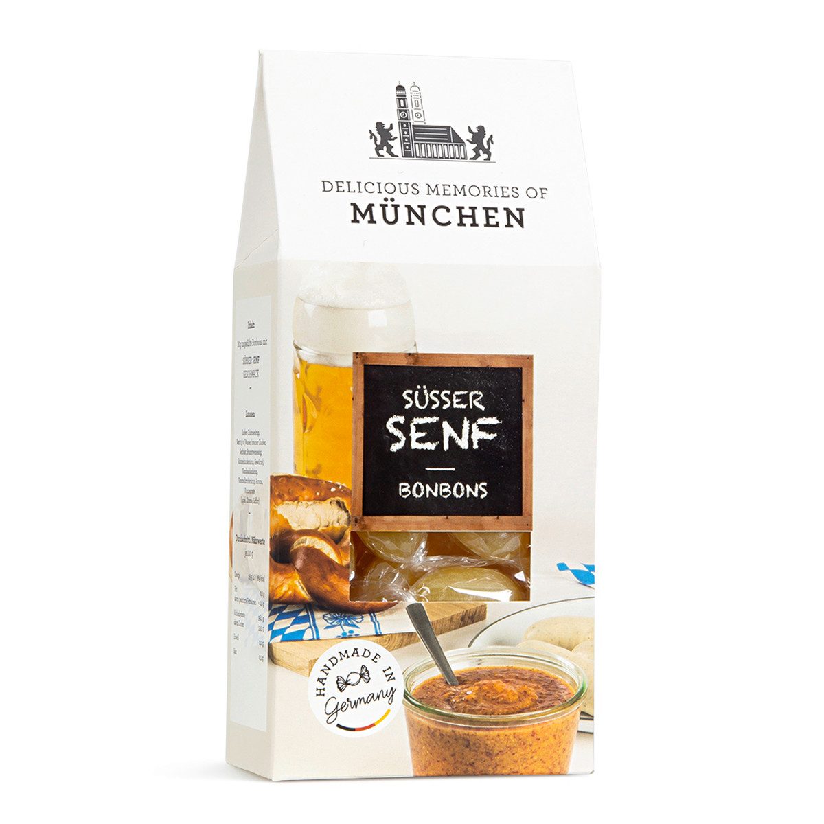 Edel Süßigkeit, Edel Bonbons mit süßem Senf Geschmack in einer Giebelbox 80g