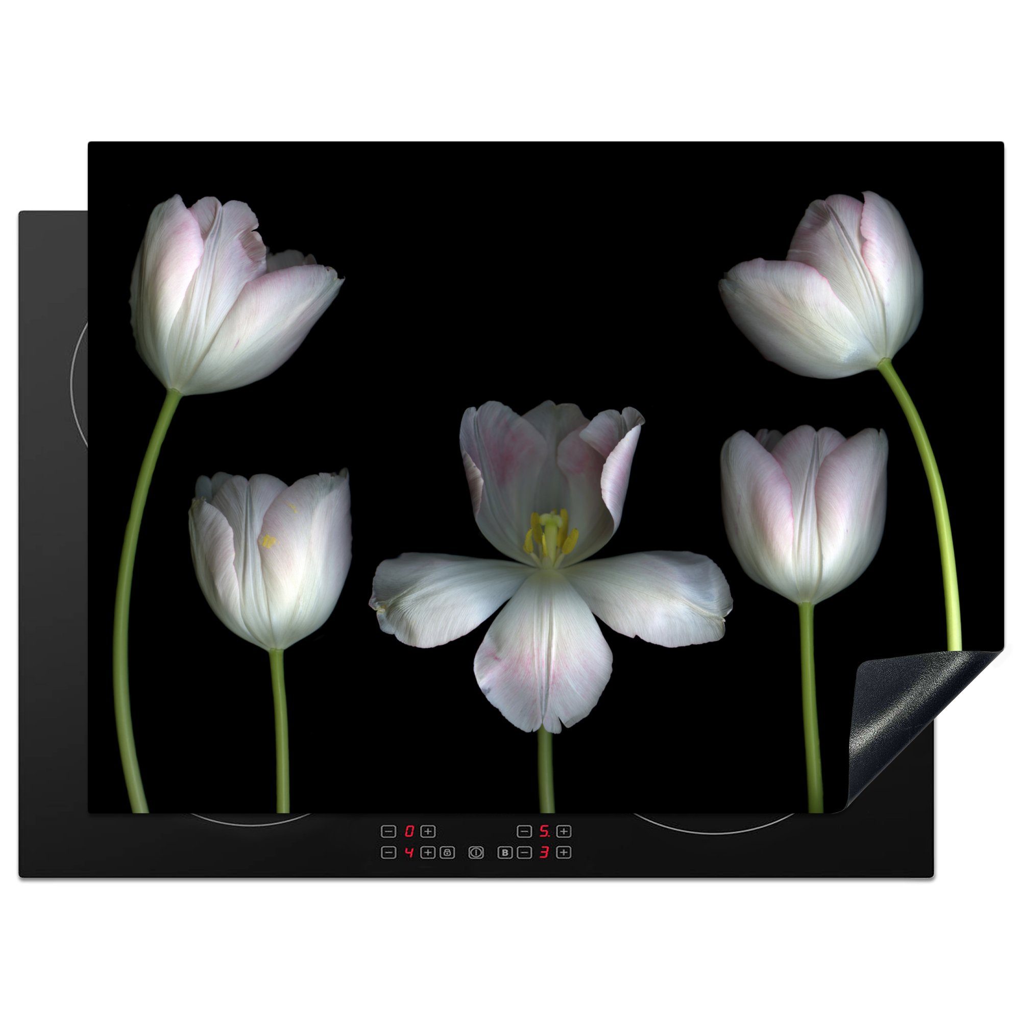 MuchoWow Herdblende-/Abdeckplatte Weiße Mobile tlg), Hintergrund, 70x52 Vinyl, cm, Tulpen Arbeitsfläche auf nutzbar, (1 schwarzem Ceranfeldabdeckung