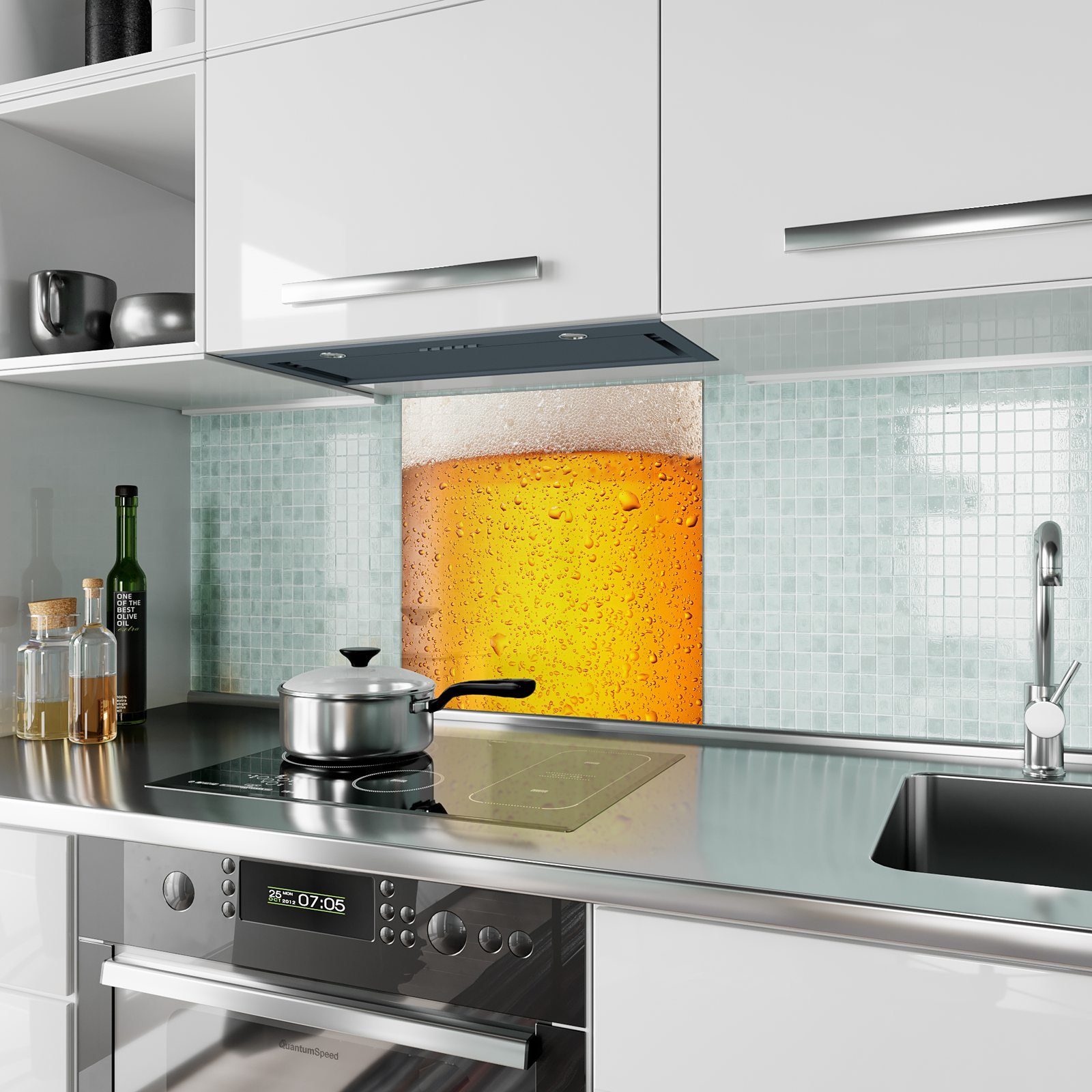Wassertropfen Glas auf Spritzschutz Küchenrückwand mit Küchenrückwand Primedeco Motiv Bierglas