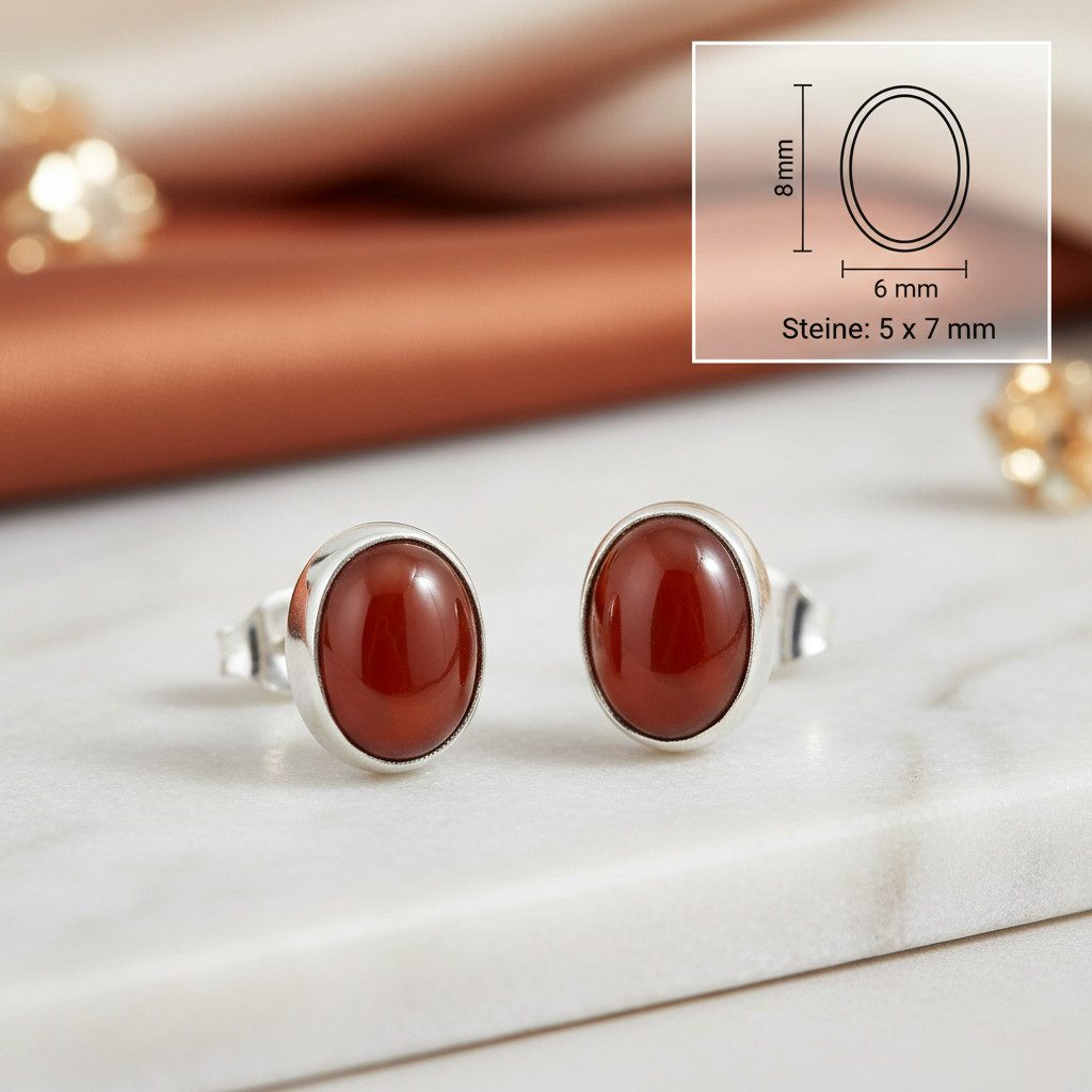 mantraroma Paar Ohrstecker SAMA oval aus 925 Silber mit Karneol (Paar, Paar Ohrringe mit Schmuckbeutel), 925 Sterling Silber Ohrringe für Damen