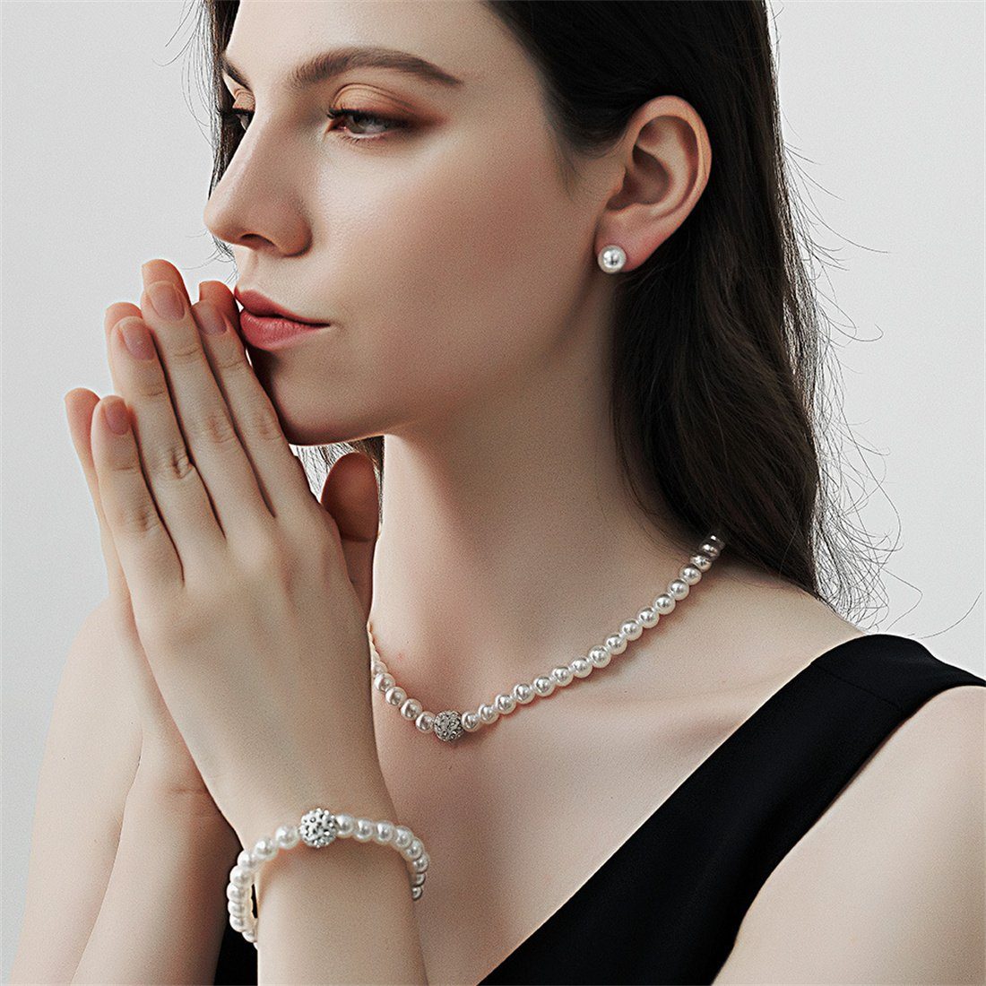 DÖRÖY Schmuckset Damen Perlenkette Ohrringe Armband 3er Set, Hochzeit Accessoire Set