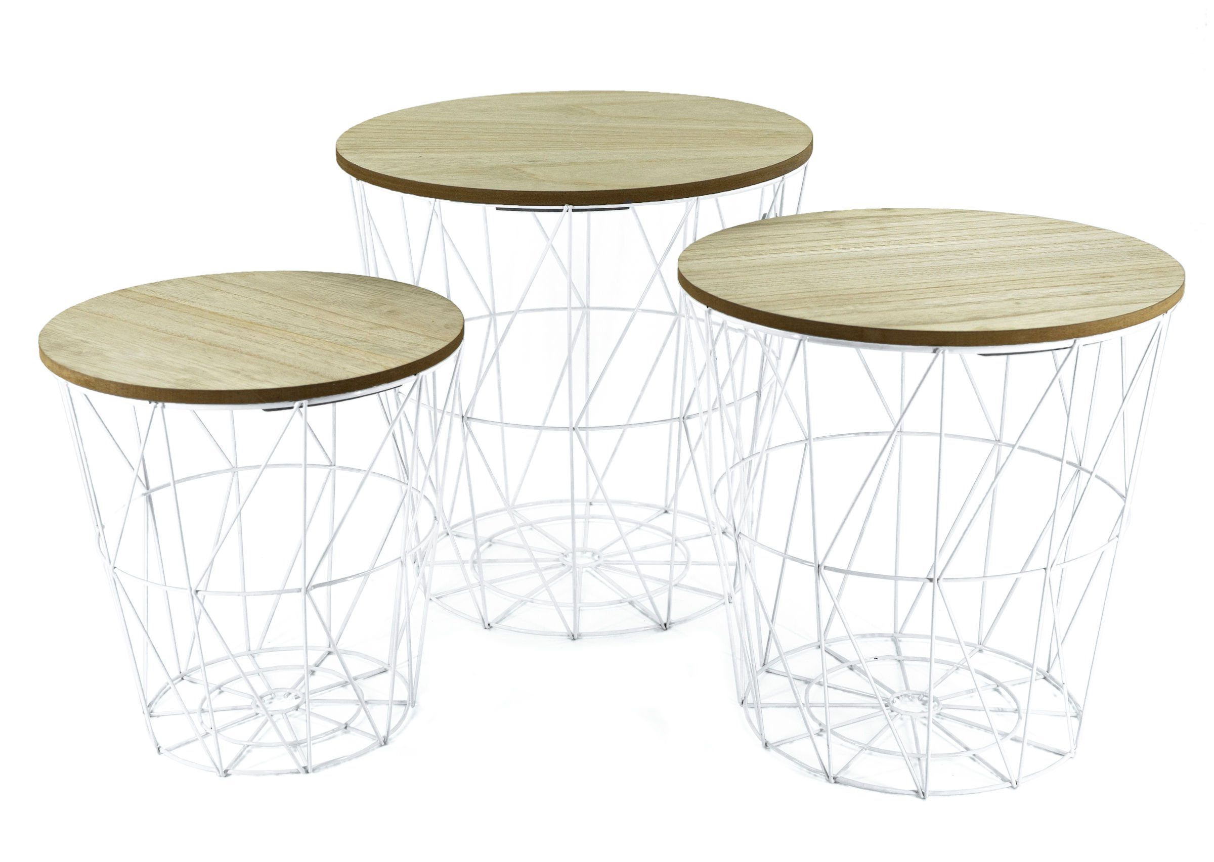 Spetebo Beistelltisch Metall Korb Tisch weiß mit Holzplatte - 3er Set, Beistelltische mit braunem Deckel