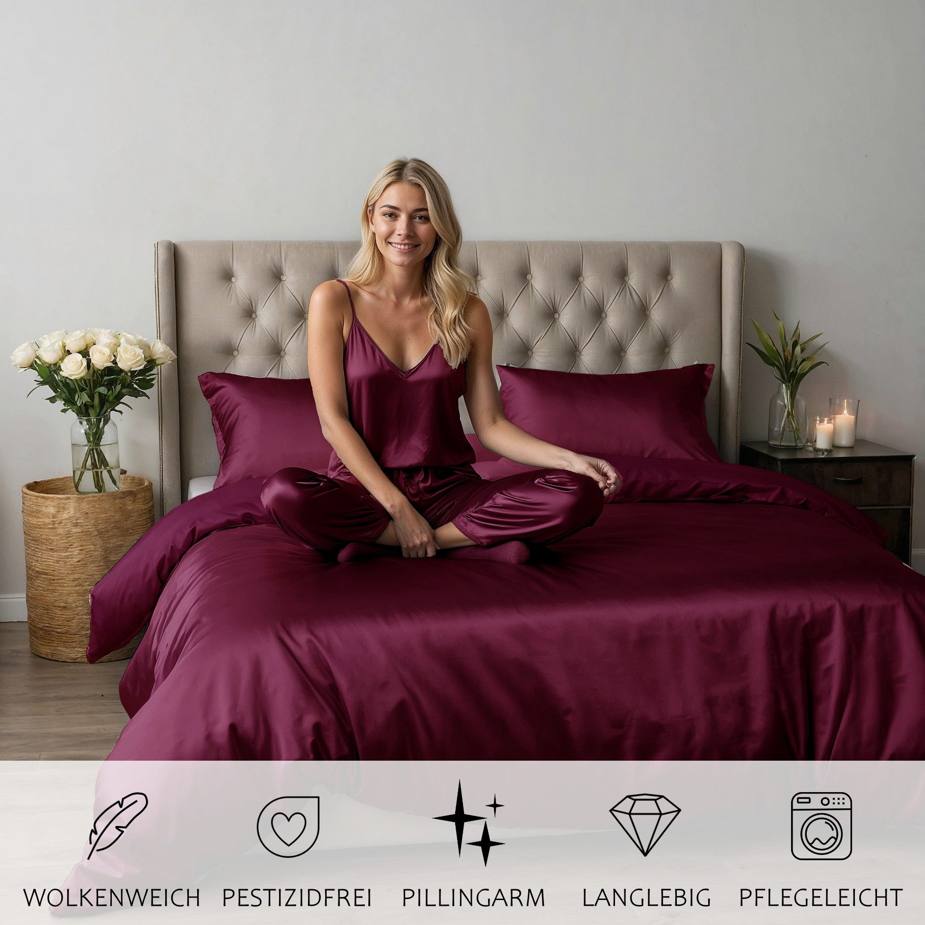 Cozyor Bettwäsche Satin glänzend 135x200, 155x200, 155x220, 200x200cm mit Reißverschluss, Satin, bordeaux Berry, 2 teilig, Edel und hochwertig – Bild 4 von 5