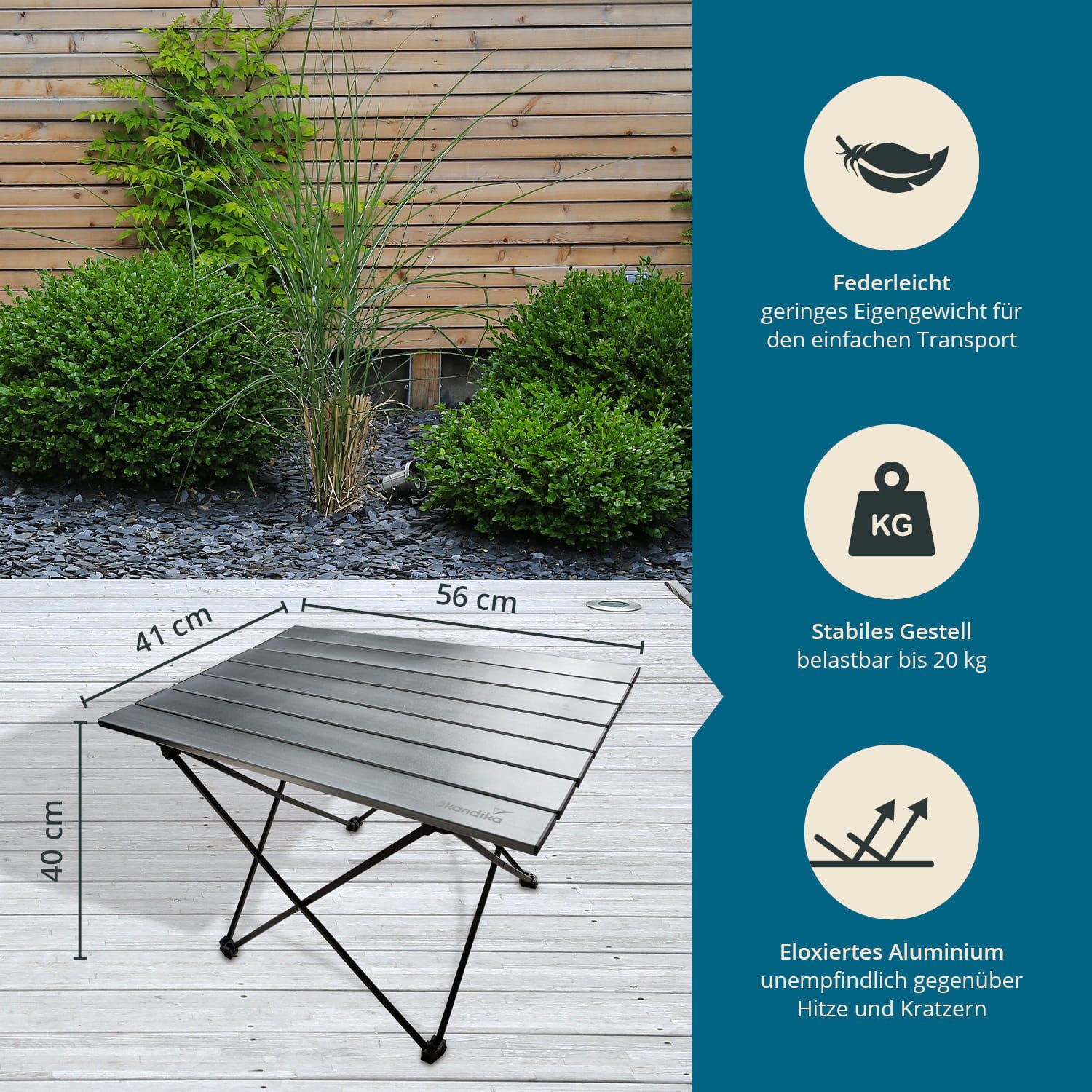 Skandika Campingtisch Ruka M, Falttisch aus Aluminium, klappbar, sehr leicht, klein (Belastbar bis 20 kg, Gewicht 1,3 kg, Tragetasche), 56 x 41 x 40cm, einfacher Aufbau, Klapptisch für Zelte, Garten, Reisen
