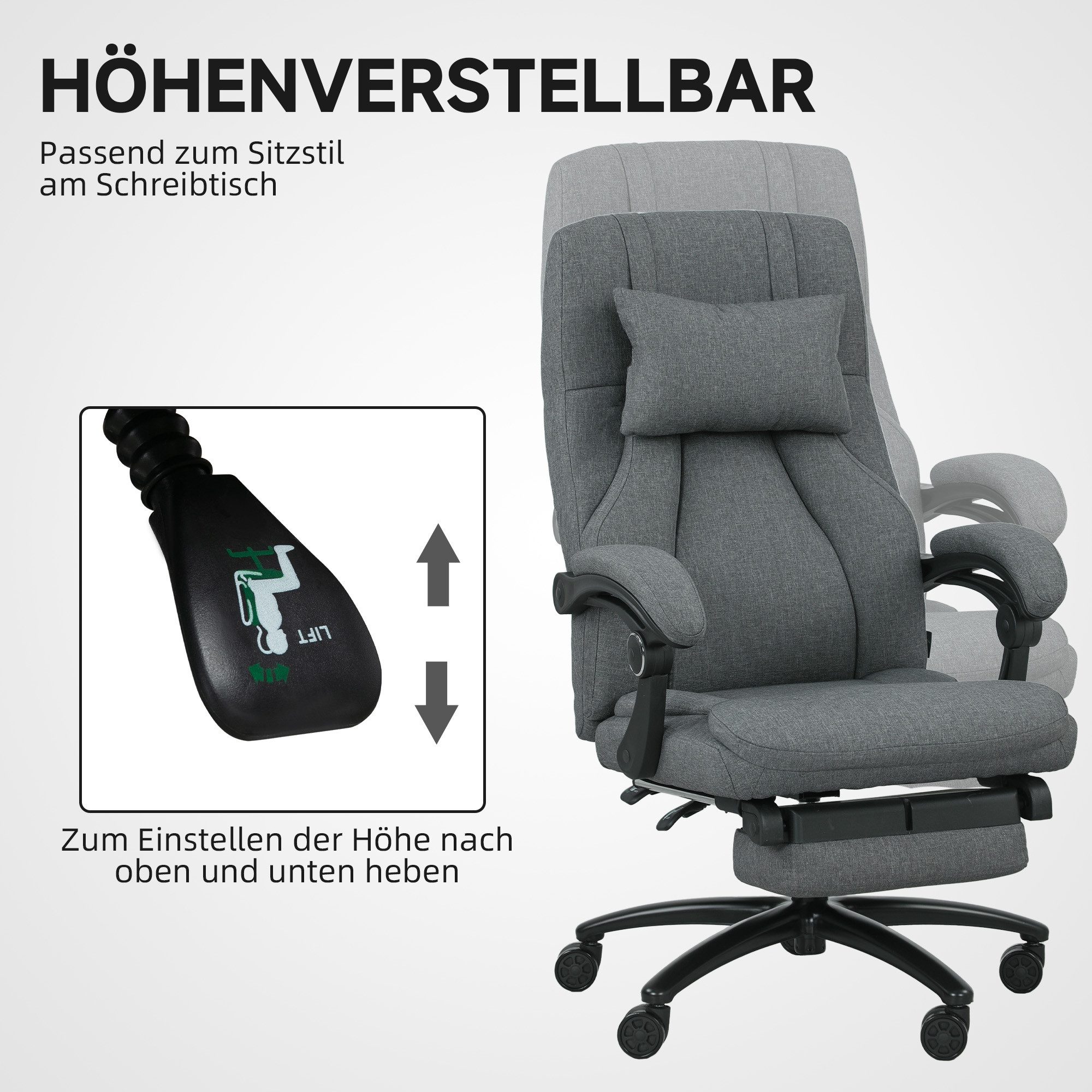 Vinsetto Schreibtischstuhl Bürostuhl, Massagefunktion, Fußstütze, USB-Schnittstelle (Höhenverstellbar Drehbar Chefsessel, 1 St), mit Leinenoptik, Dunkelgrau – Bild 4 von 5