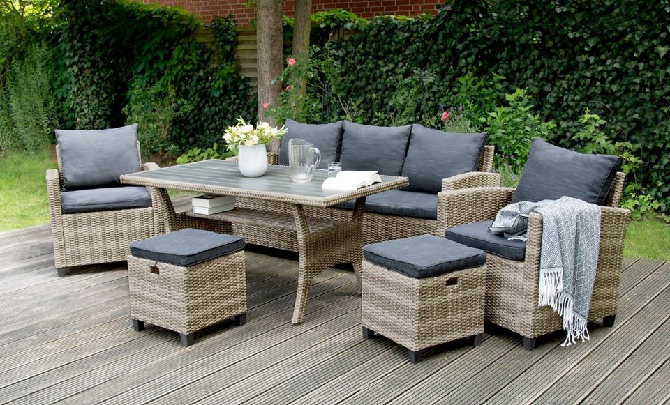 bellavista – Home&Garden® Loungeset »Rattan Dining-Lounge Set Madeira II grau«, (Set, 6-tlg), 3-Sitzer Sofa: 175x67x73cm (BxTxH), Sessel:…
