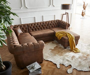 DELIFE Wohnlandschaft Chesterfield, 266 cm Braun Abgesteppt Ottomane Rechts