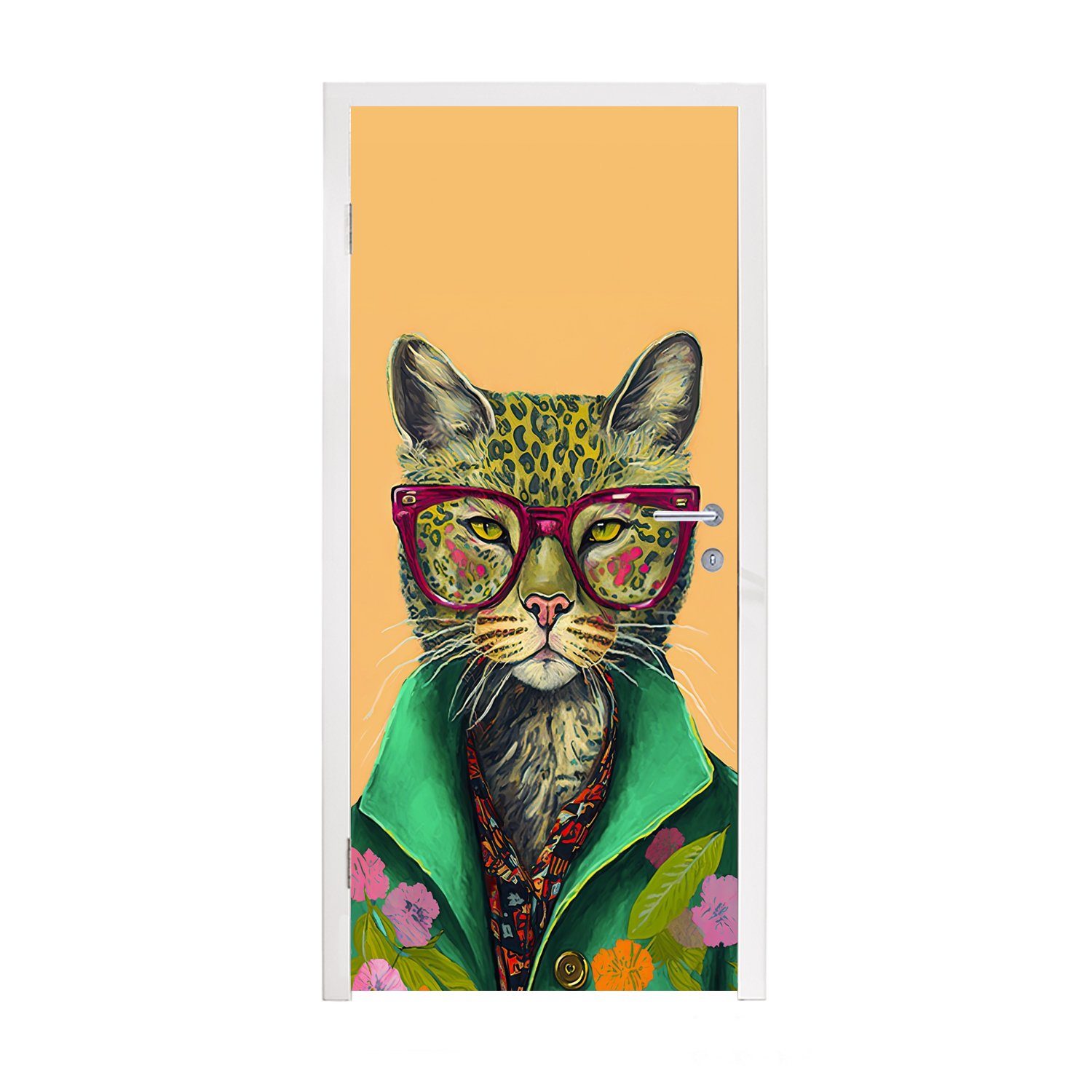 MuchoWow Türtapete Tiere - Katze - Brille - Blumen - Hippie, Matt, bedruckt, (1 St), Selbstklebende Tapete, Folie für Möbel, 75x205 cm