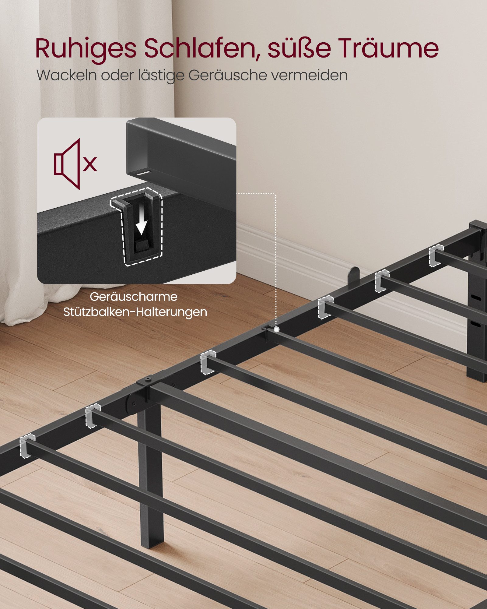 VASAGLE Bettgestell (90 x 200 cm, 35.6 cm H, geräuscharm), Metallbett, Bettrahmen, hochtragfähig, mehrfachgrößen-Option