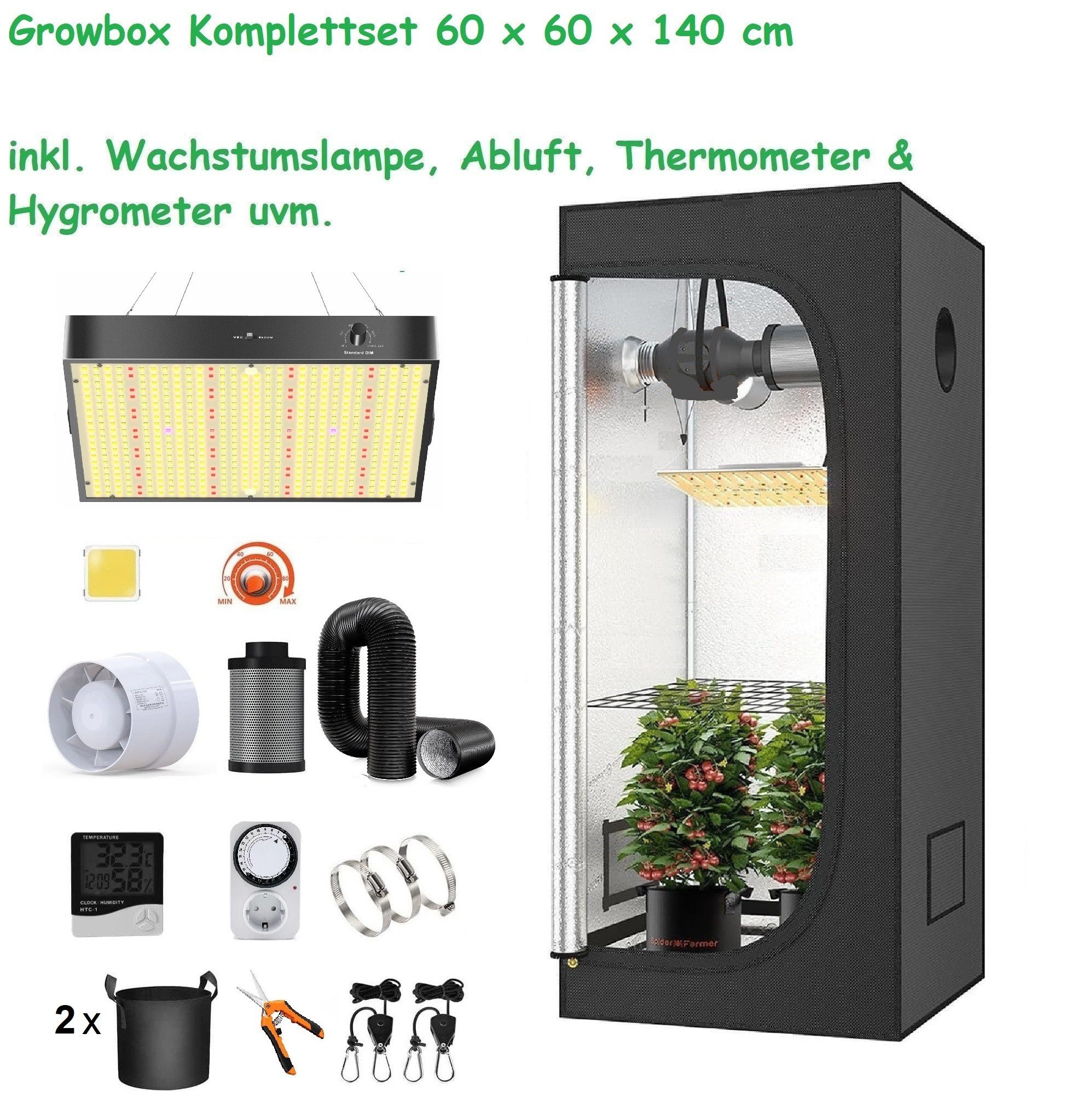 JUNG Gewächshaus Growbox Komplettset Anzuchtset mit Zuchtzelt LED-Lampe, Anbau Pflanzen, BxTxH: 60 x 60 x 140,00 cm, Growbox, Gewächshaus Komplett Set mit Abluft Cannabis Set Box Pflanze, Growzelt, Grow Box Zelt, Pflanzenlampe Pflanzen Anbau Zelt, Anzuchtset, mit Belüftung Gewächszelt Starterpaket sofort einsatzbereit Anzucht