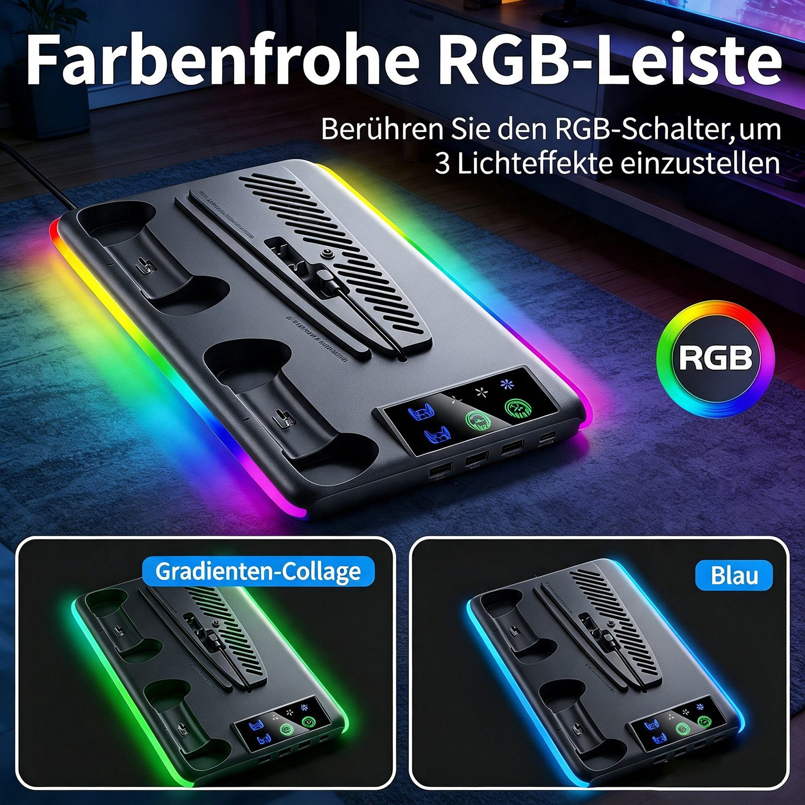 BBG PS5 Kühlständer für PS5 / PS5 Slim / PS5 Pro Ladestation (2800 mA, mit Headset-Halter & USB-Hub, Geräuscharm Lüfter, für PS5, PS5 Slim und PS5 Pro (Digital  – Bild 4 von 5