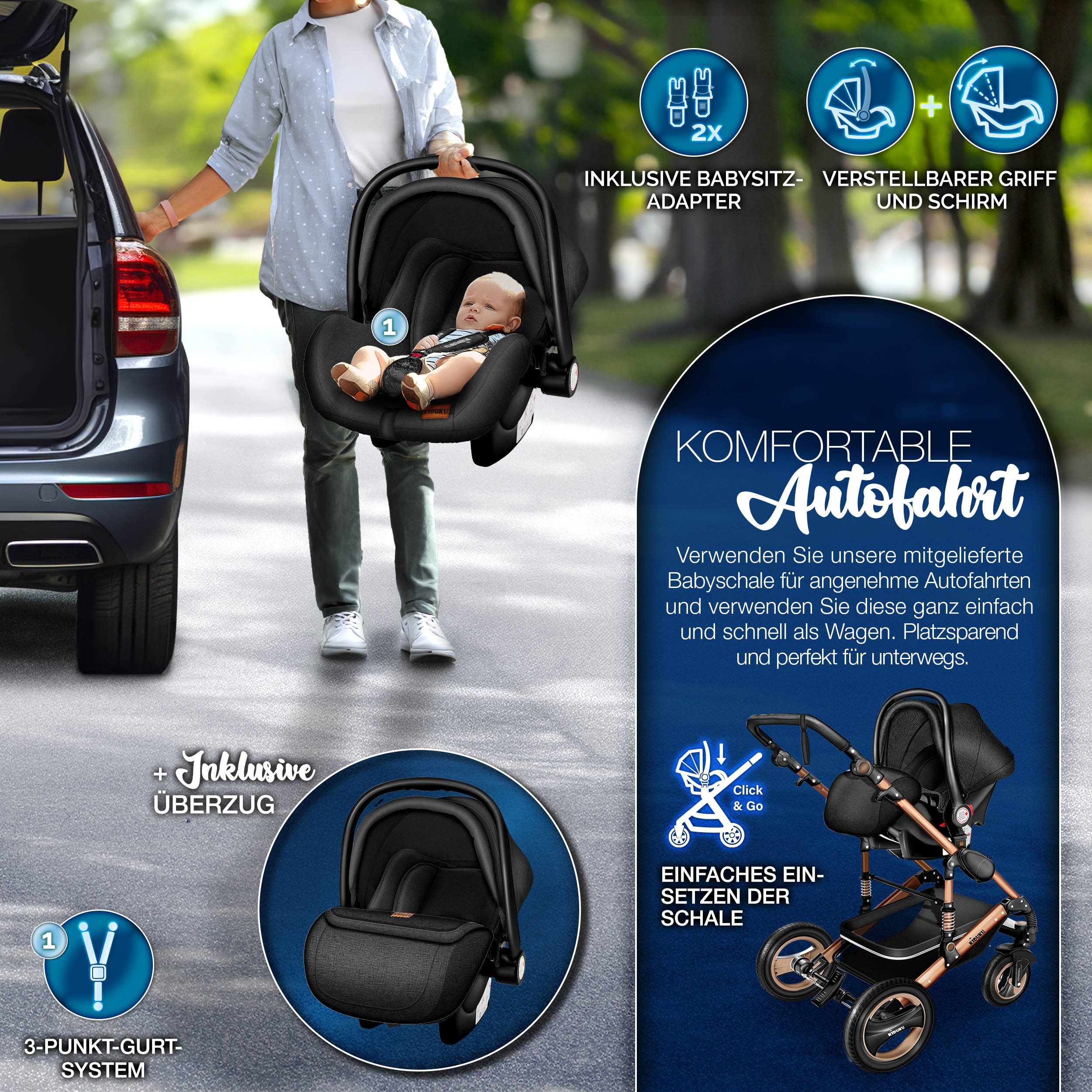 KIDUKU Kombi-Kinderwagen KIDUKU® 3 in 1 Kombi-Kinderwagen Buggy Reisebuggy inkl. Auto- Babyscha, Kindertisch