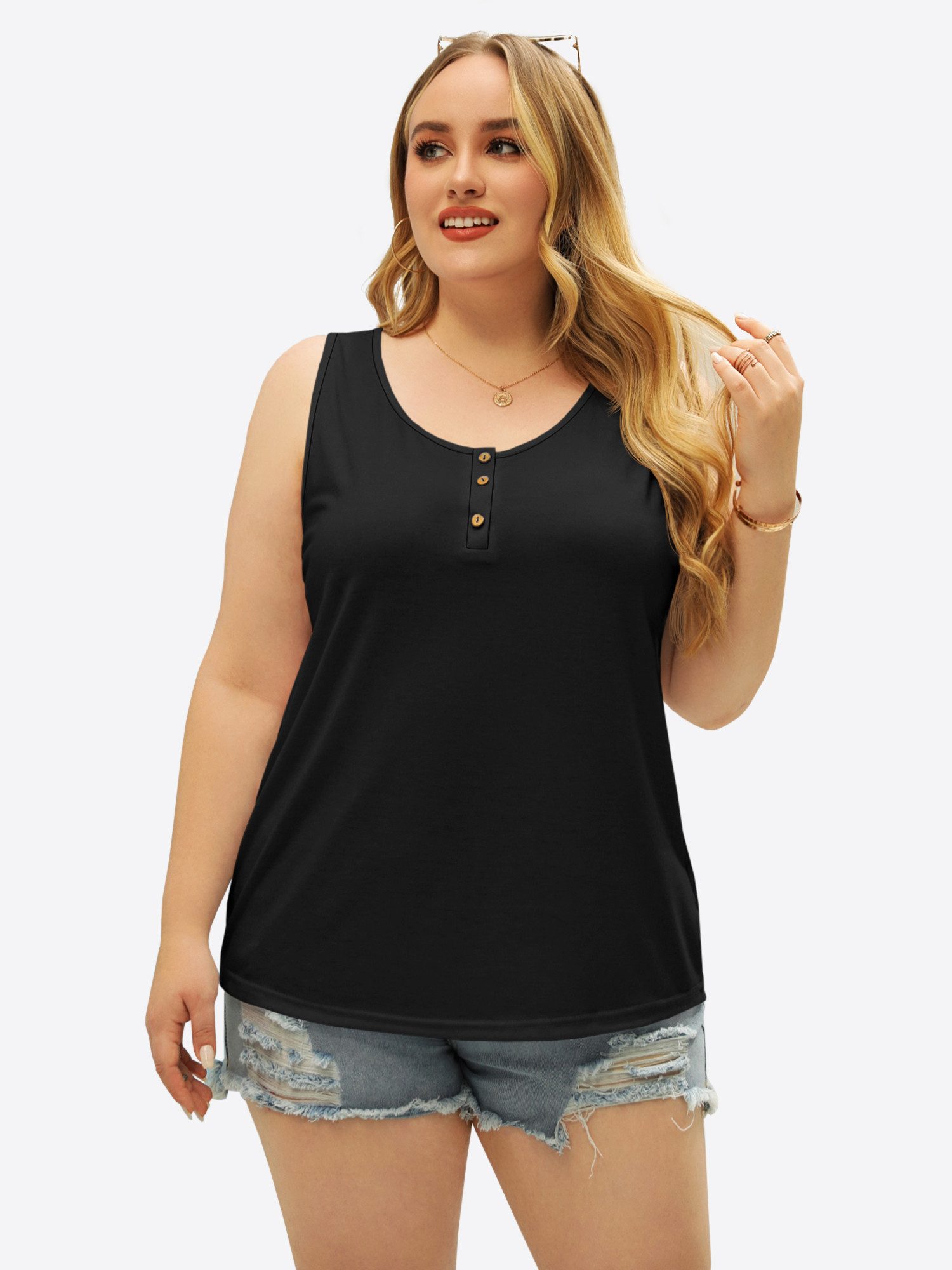 Imily Bela Tanktop Damen Plus Size Ärmelloses Henley-Sommershirt (Packung, 1-tlg., 1per-Pack) Einfarbig