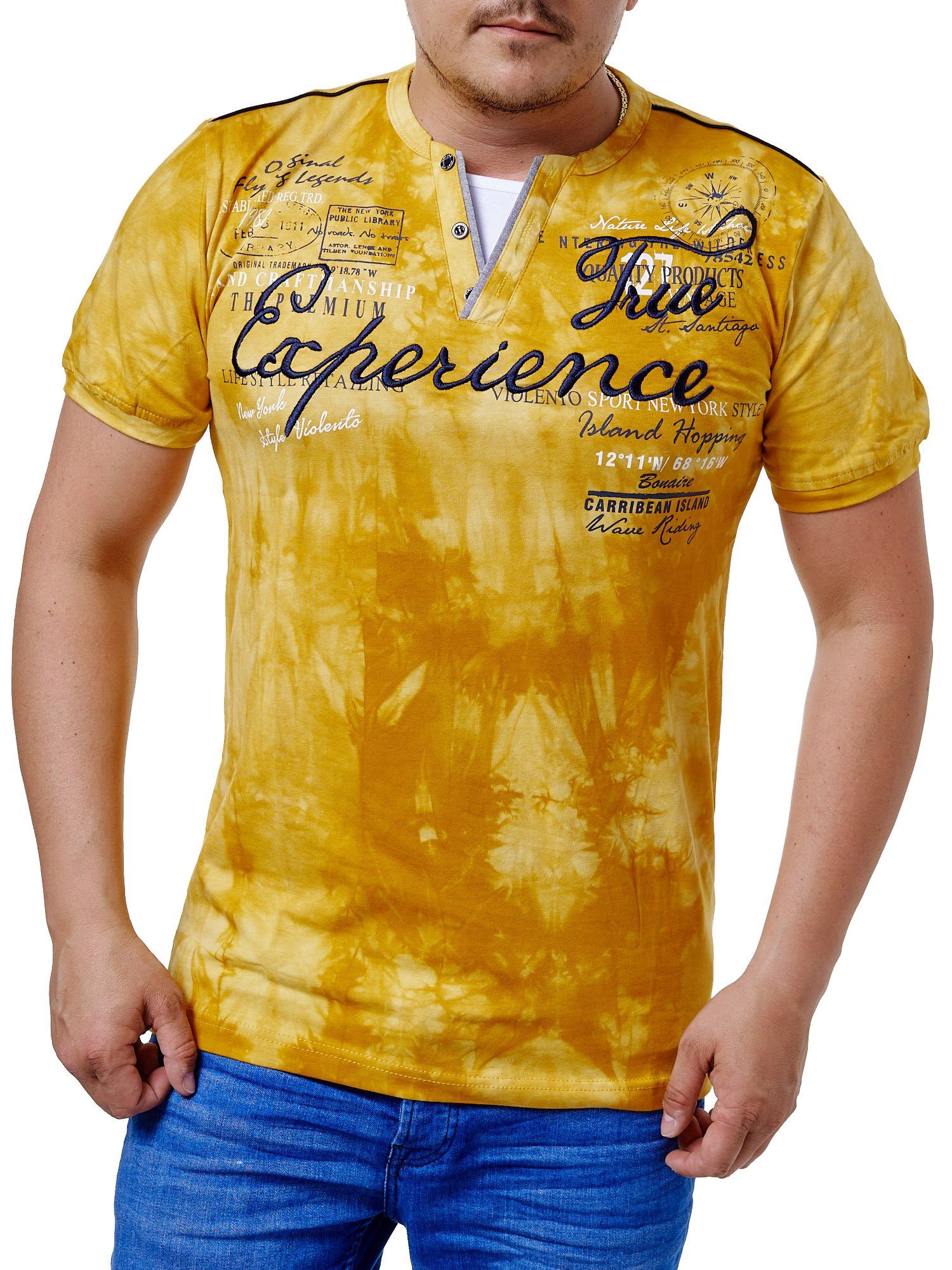 L.gonline Kurzarmshirt Herren T-Shirt mit (Shirt Details, mit Freizeit Fitness Kurzarm Casual Gelb gestickten Knopfleiste, Tee, 1-tlg) Kurzarmshirt