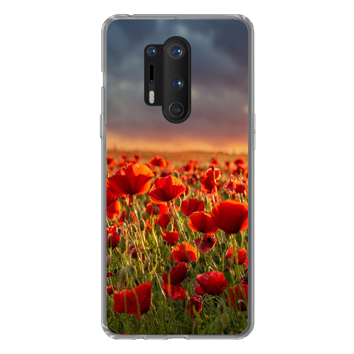 MuchoWow Handyhülle für OnePlus 8 Pro Sonnenuntergang - Mohnblumen - Rot - Blumen - Feld -, Phone Case, Silikon, Schutzhülle Dünn