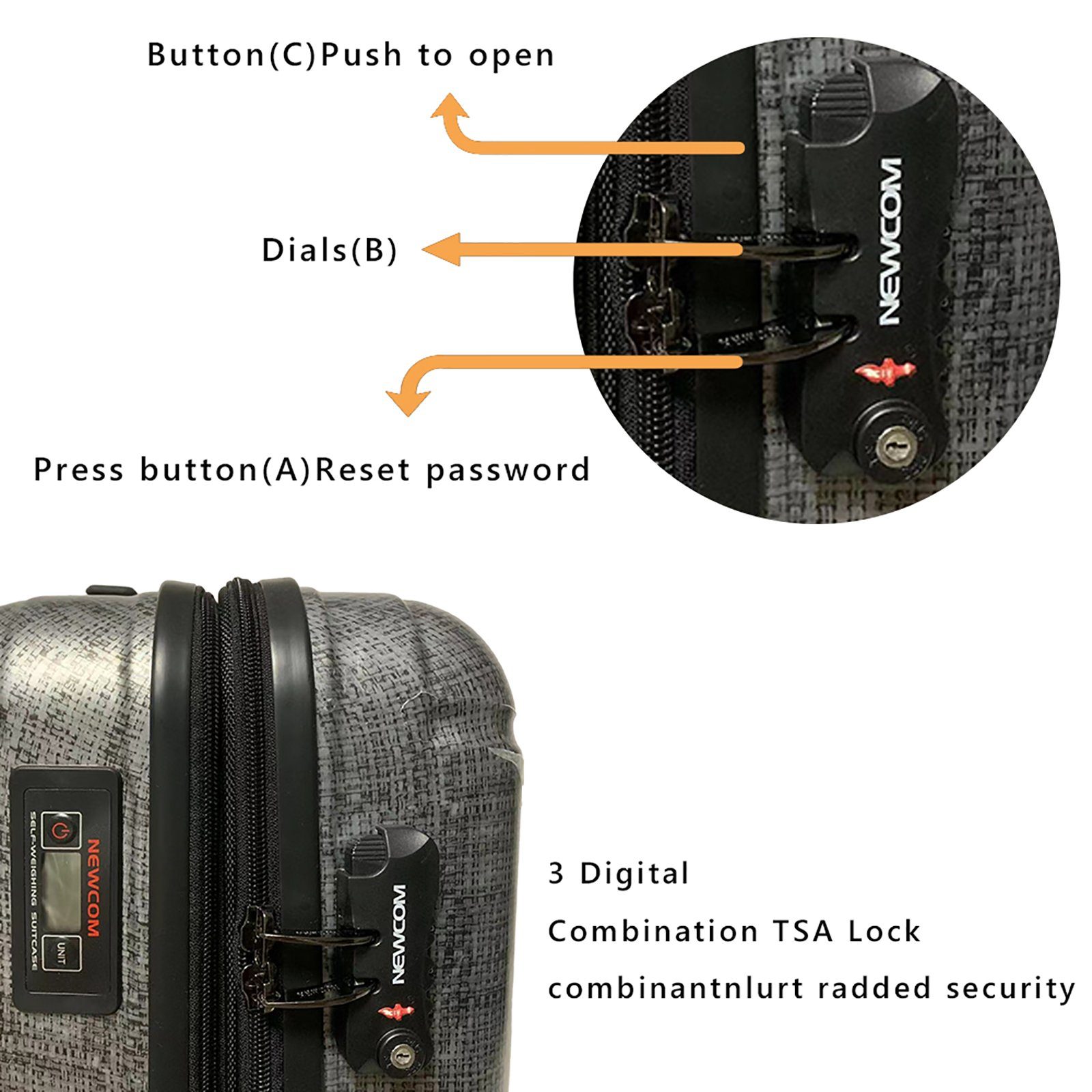 Leichtes mit TSA digitaler Hartschalen-Trolley Stück, integrierter Kofferset grau Waage, NEWCOM 2