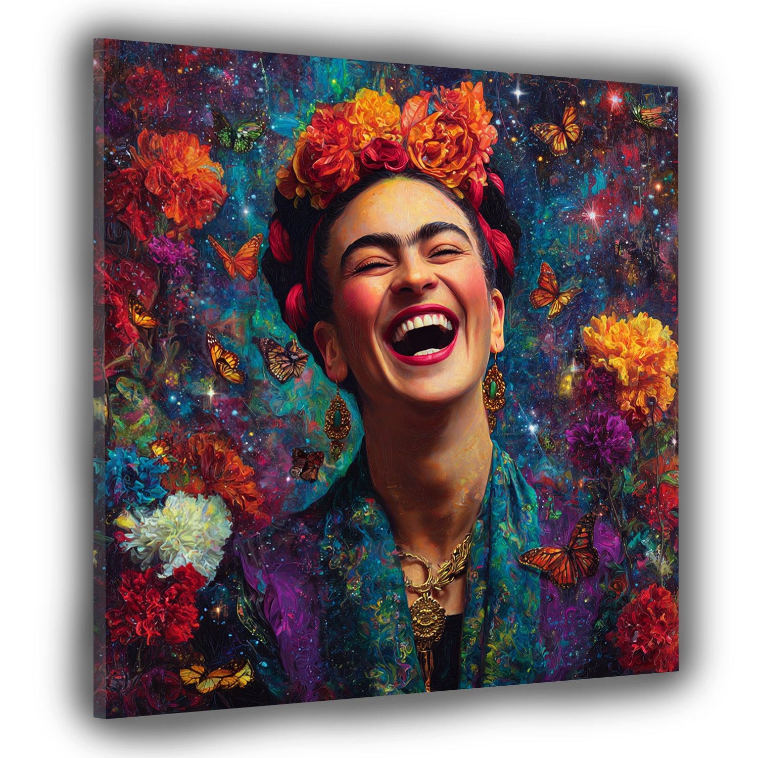 Artedinoi Leinwandbild Lachende Frida in Farbenpracht Leinwandbild Wandbild Kunstdruck XL Wan, Frida Kahlo, farbenprächtig lachend