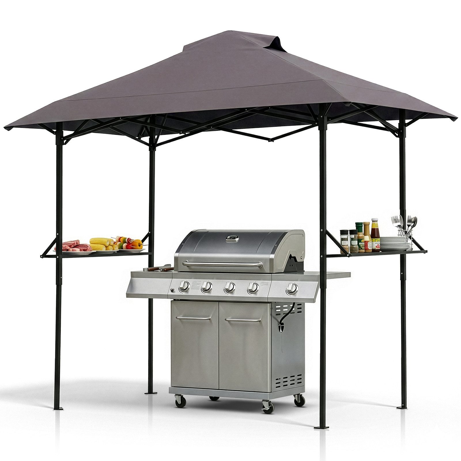 LALAHO Grillpavillon Faltpavillon Gartenpavillon mit Doppeldach,Seitenregalen, Raucherpavillon Grillüberdachungen wetterfest 255x150x240 cm