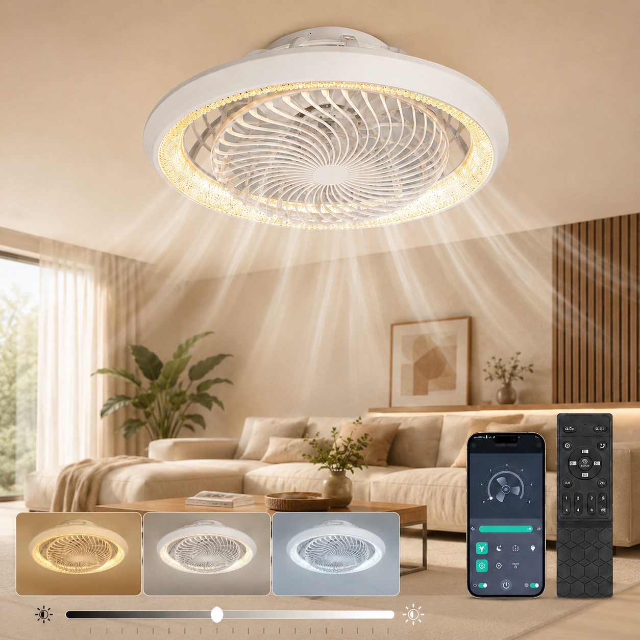 Rosnek Deckenventilator mit Beleuchtung, Moderner Ventilator, 360° drehbar, leise & Dimmbar, 6-Gang, Fernbedienung & App, Timer, 49cm, für Wohn- & Schlafzimmer