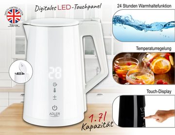 JUNG Wasserkocher ADLER AD1345W Wasserkocher mit Temperatureinstellung Digital kettle, 1,7 l, 2200,00 W, LED Touch Display Digital, 2200W, Edelstahl Kocher Cool Touch Kettle