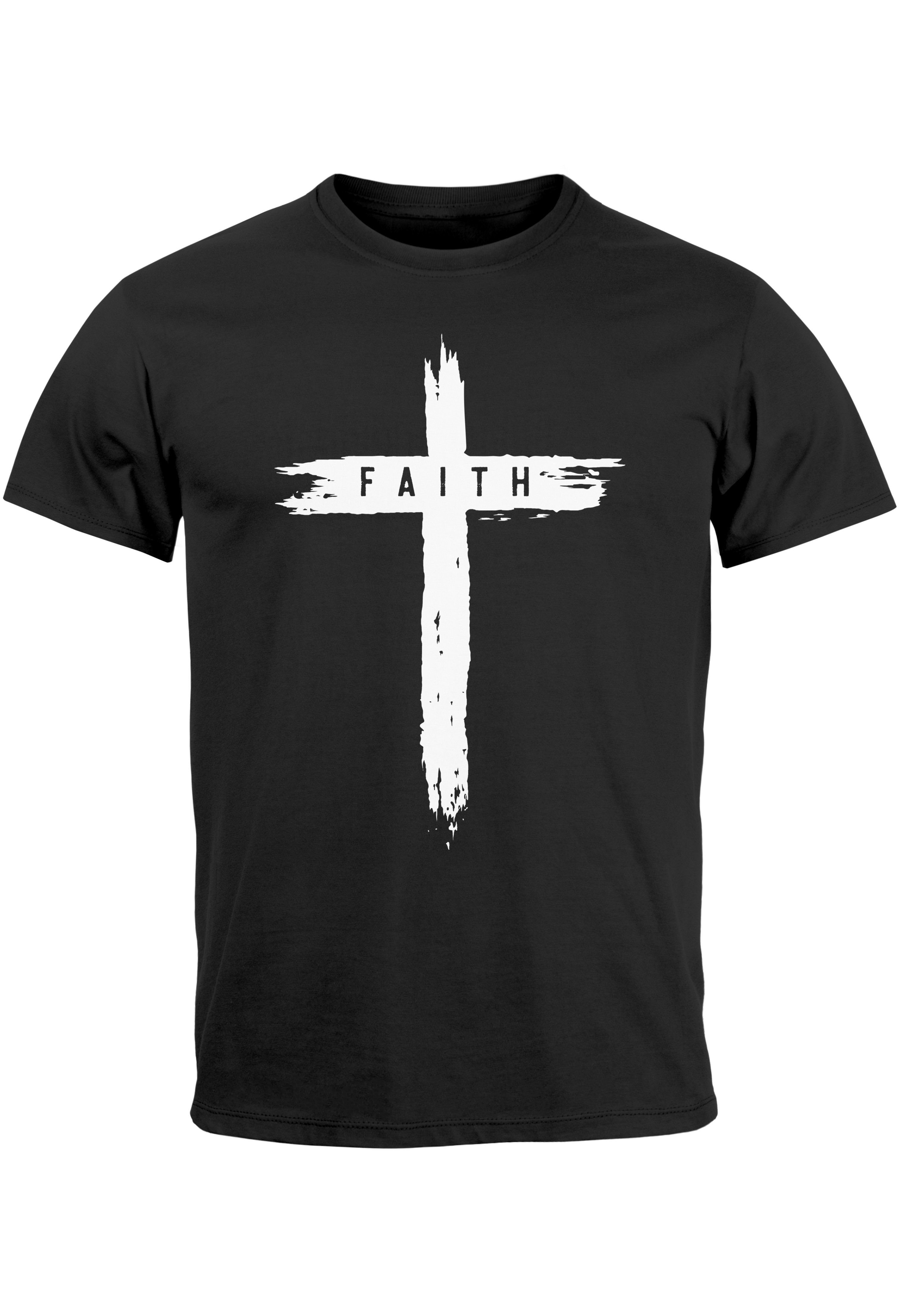 Neverless Print-Shirt Herren T-Shirt Printshirt Aufdruck Kreuz Cross Faith Glaube Trend-Moti mit Print schwarz