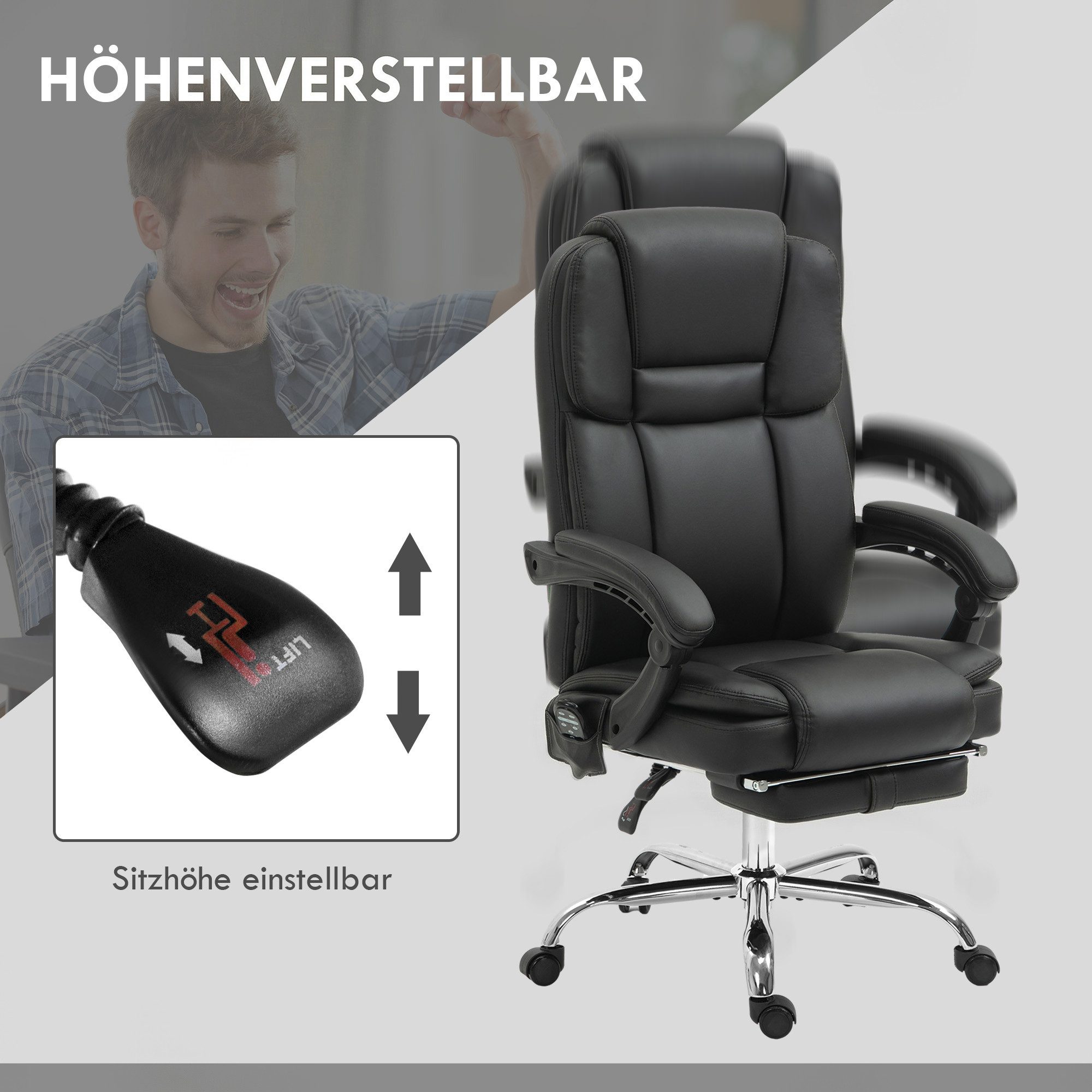 Vinsetto Schreibtischstuhl Bürostuhl mit Massage-, Heiz-, Liegefunktion (Chefsessel, 1 St), mit Fußstütze, Seitentasche, Kunstleder, Schwarz – Bild 5 von 5