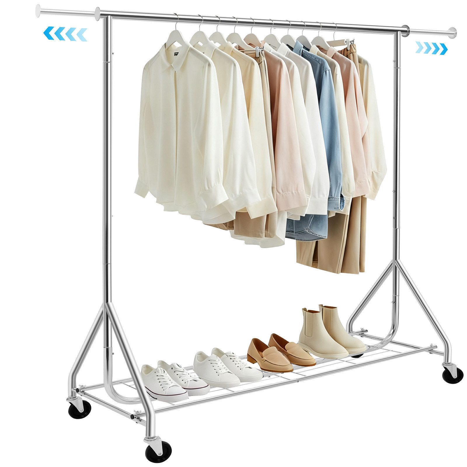 QUBEBU Kleiderständer Kleiderständer auf Rollen, Garderobenständer bis 210 kg belastbar, (Set, 1 St., Höhenverstellbar von 161 - 173,5 cm, ausziehbar von 125 - 177 cm), für Kleider, Kleider, Pullover, Mäntel, Clothes Rack