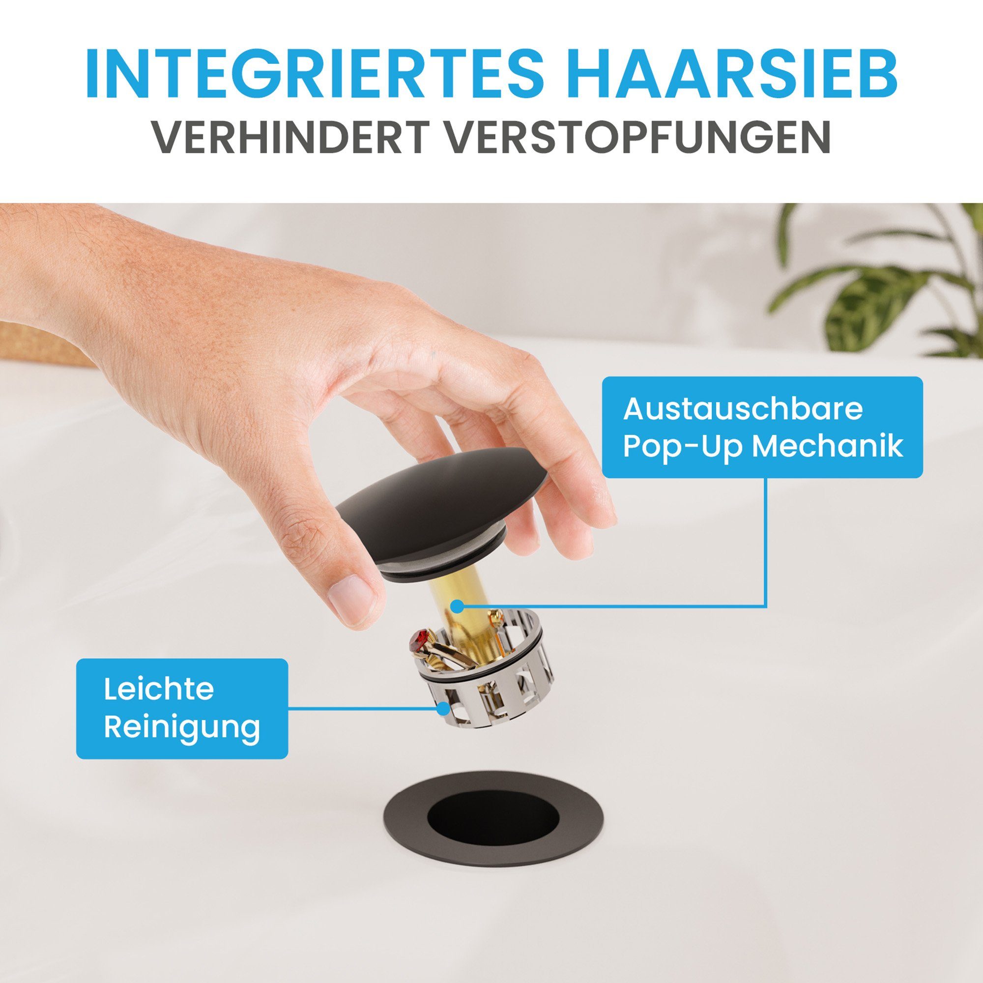 Bächlein Ablaufgarnitur Waschbeckenabfluss Pop Up (Eleganter Waschbeckenstöpsel) Werkzeugloser Einbau - Click Clack Funktion
