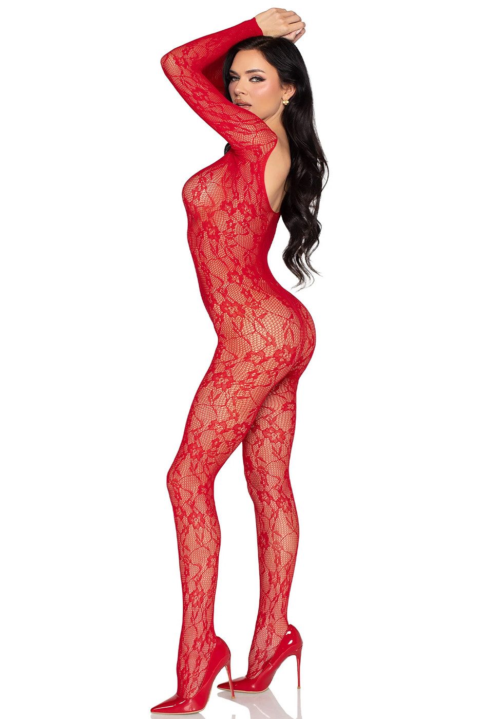 Leg Avenue Bodystocking Schulterfreier Bodystocking mit floralem Muster - rot (1 St) transparenter Stoff mit Blumenmuster