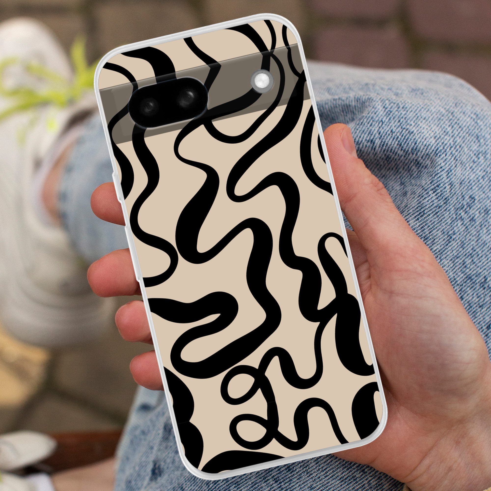 MuchoWow Handyhülle für Google Pixel 8a Linien - Schwarz - Beige - Abstrakt - Minimalistis, Phone Case, Silikon, Schutzhülle Dünn