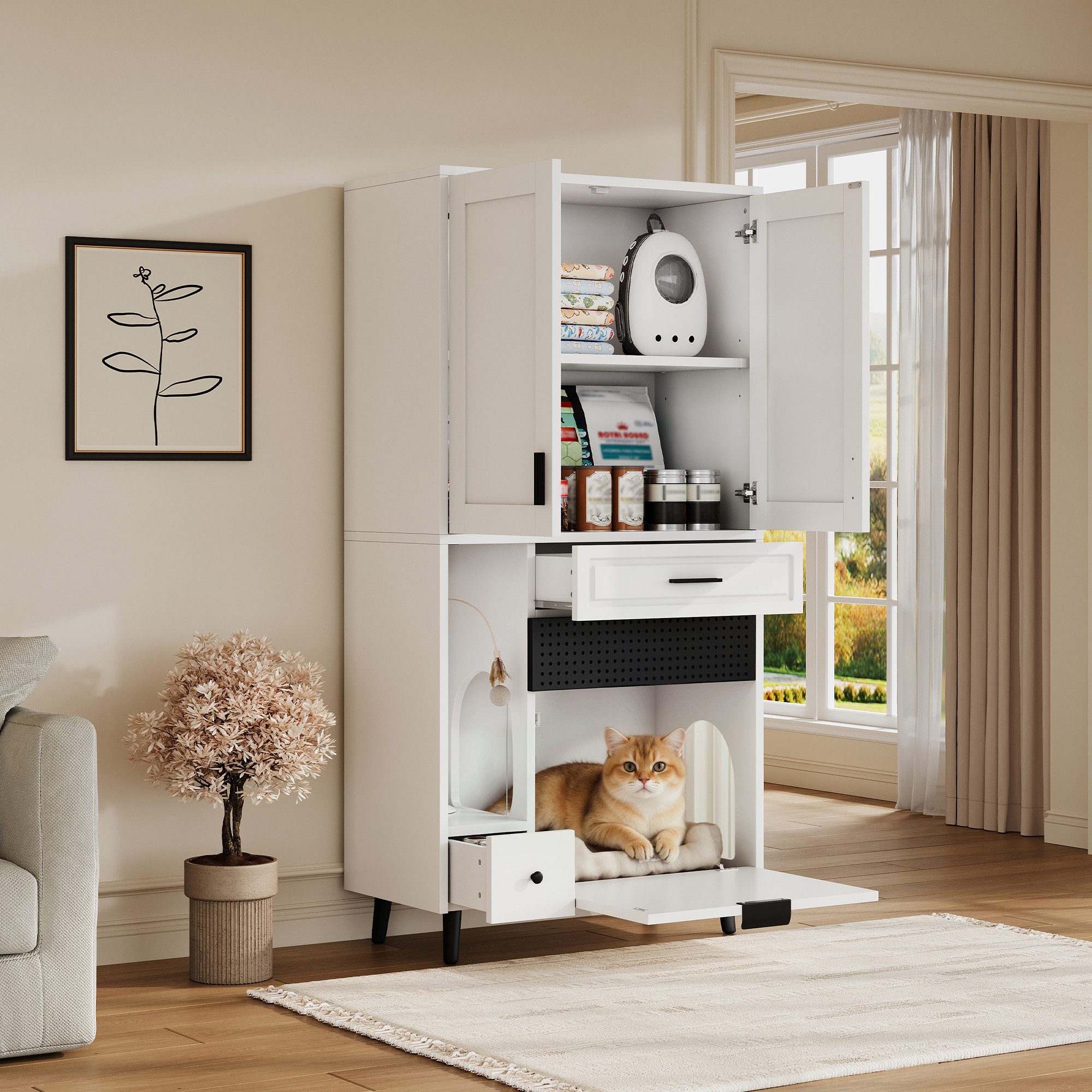 Odikalo Tierhaus Katzenschrank Katzenklo Schrank mit integriertem Stauraum, mit Teilungslagerung,beweglichen Ablagen,Schubladen&Katzenbett-Bereich