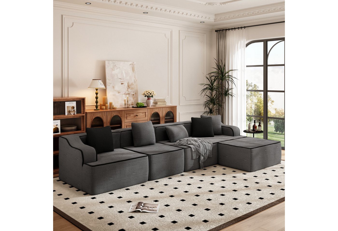 PHI VILLA Ecksofa, Boneless Couch 3-7 Sitzer, L Form Modulares Sofa Wohnzimmer Cord Keine Montage