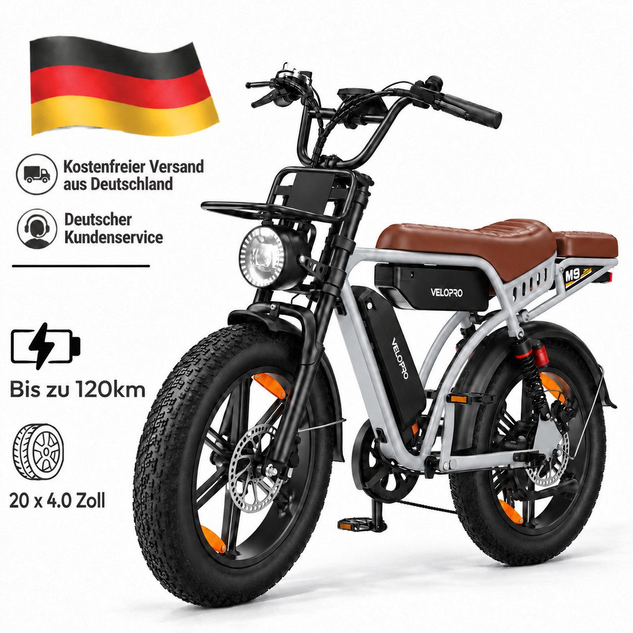 PIXAR E-Bike Mountainbike M9 Fatbike 20 Zoll Elektrofahrrad Doppelakku 48 V 35 Ah bis zu 120KM, 7 Gang Shimano, Heckmotor, 1680 Wh, (Packung), 250 W Vollfederung, hydraulische Scheibenbremsen