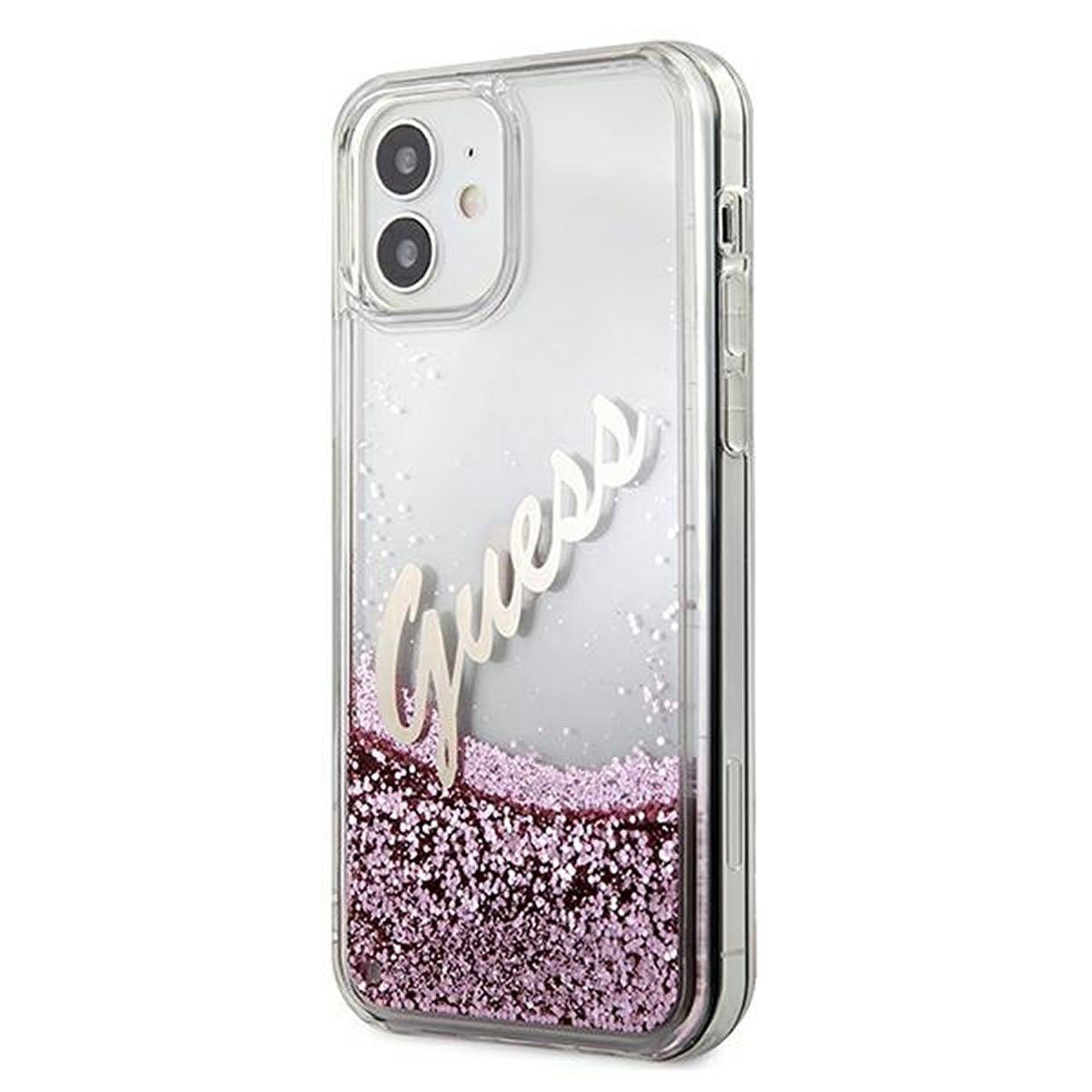 Handyhülle Guess Apple iPhone 12 Mini Pink Glitter Vintage Script Glitzer Hard Case Cover Schutzhülle Etui