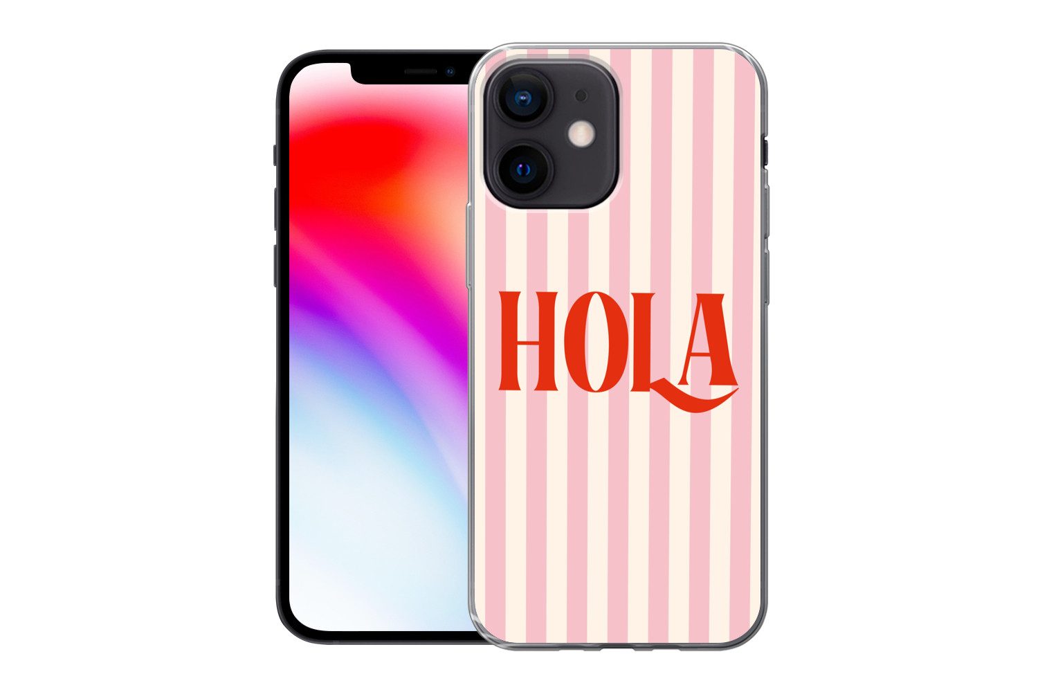 MuchoWow Handyhülle für Apple iPhone 12 mini Hola - Zitat - Streifen - Pastell - Rosa - Ro, Smartphone-Bumper, Print, Handy Schutzhülle Dünn