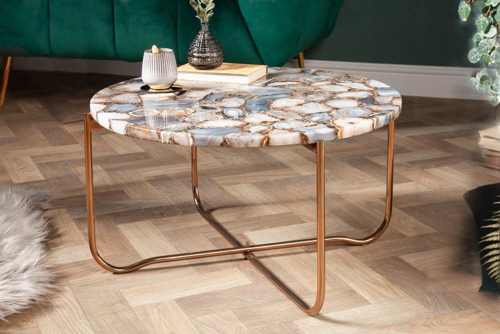 riess-ambiente Couchtisch NOBLE Ø65cm bunt / gold - Edelstein, Achat, handmade, rund, klappbar (Einzelartikel, 1-St), individueller Beistelltisch - ideal für glamouröse Wohnbereiche