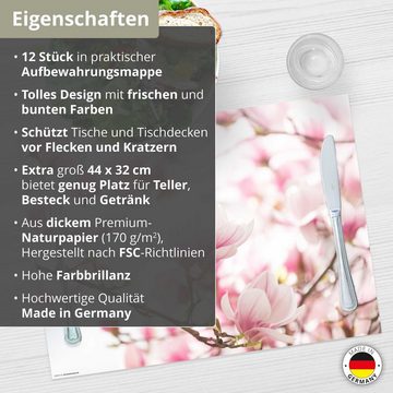 Platzset, Tischset Frühling, Ostern & Blumen - Rosa Magnolien, Tischsetmacher, (aus Naturpapier in Aufbewahrungsmappe für tolles Ambiente, 12-St., 44 x 32 cm / rosa-weiß), Tischdeko Made in Germany