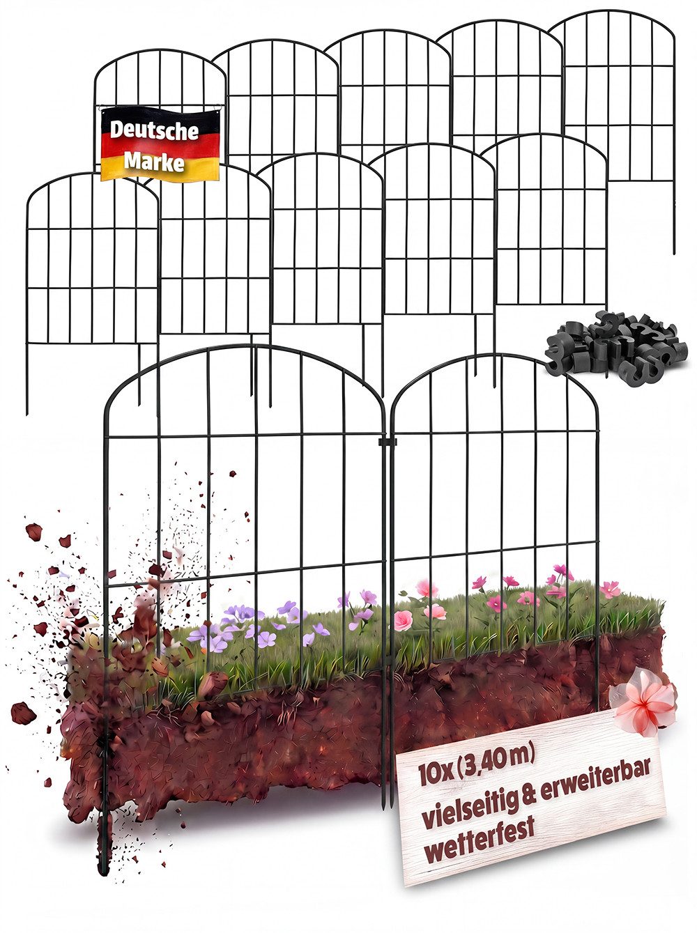 V2Aox Gartenzaun Zaun Gartenzaun Steckzaun Hundezaun 10 Zaunelemente 43cm Schwarz