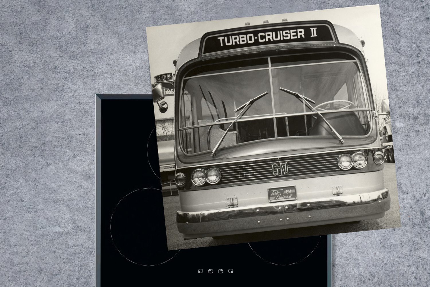 MuchoWow Herdblende-/Abdeckplatte Bus - cm, Schwarz Ceranfeldabdeckung, 78x78 - für küche (1 - tlg), Arbeitsplatte Vinyl, Vintage Weiß