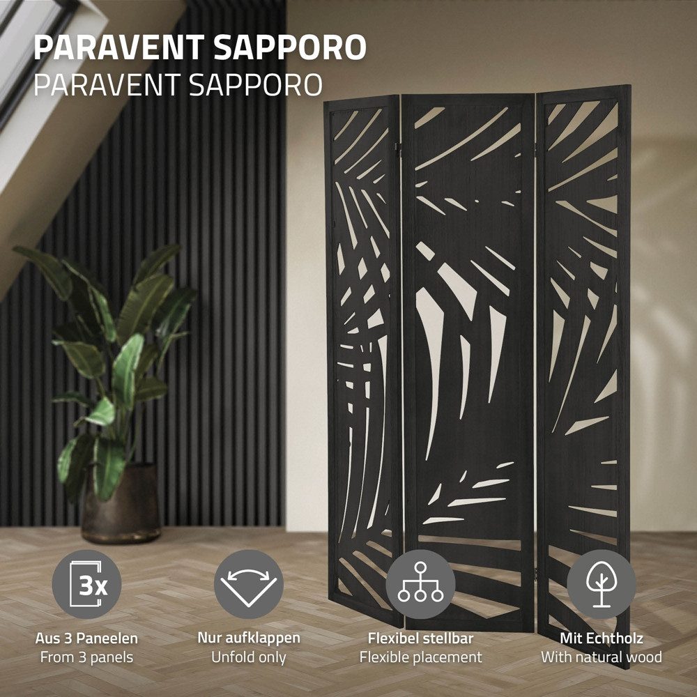 ML-DESIGN Paravent Raumteiler Faltbarer Sichtschutz Indoor Stellwand Sichtschutzwand, Raumtrenner 3-teilig Sapporo Schwarz 170x121cm freistehend Trennwand