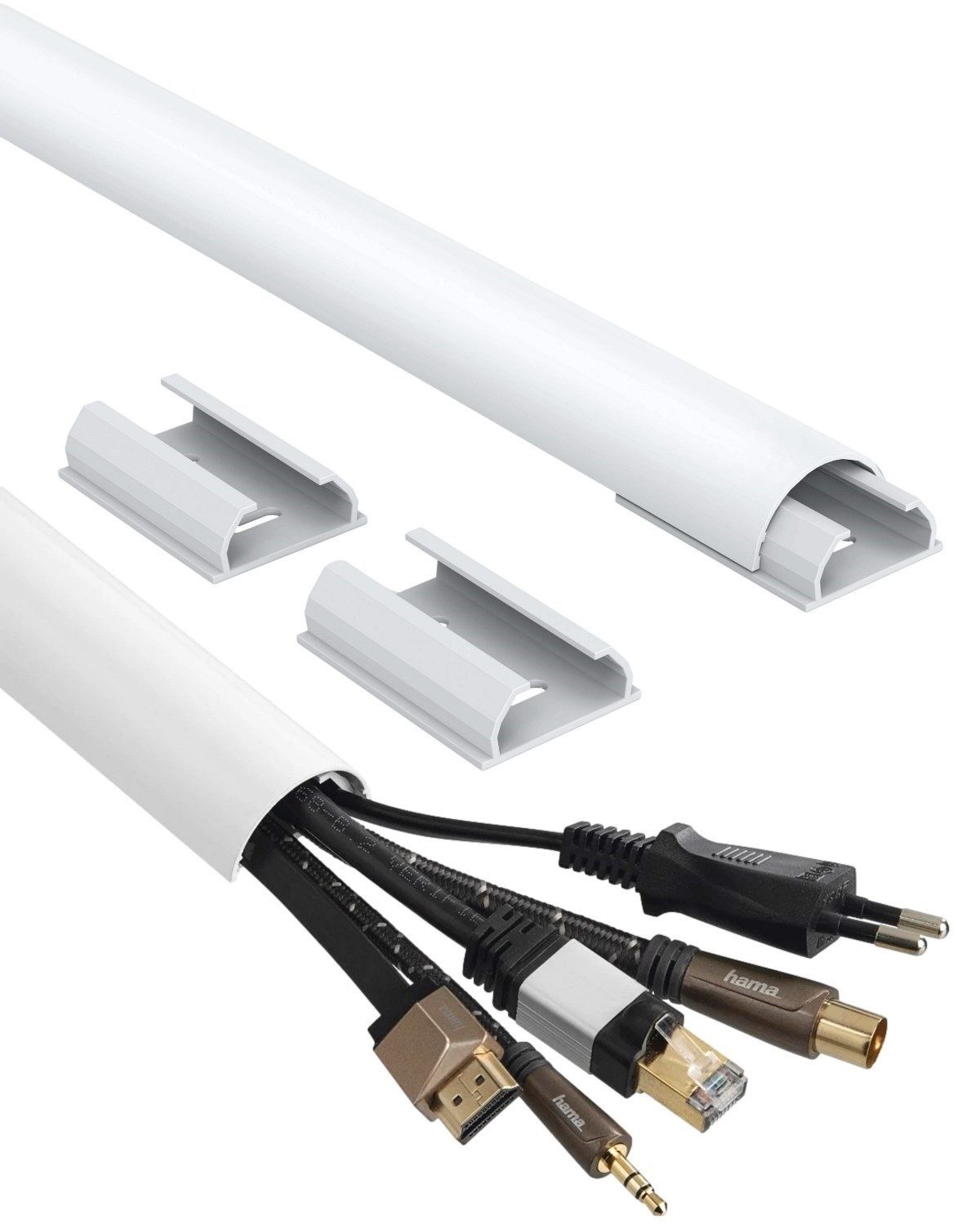 Hama Kabelkanal ALU Kabelkanal Kabel-Leiste Fußbodenkanal Weiß (Set, Kabelkanal mit Zubehör), Kabelkanal halbrund Sockel Wand Boden Aufputz TV Beamer PC Audio HiFi