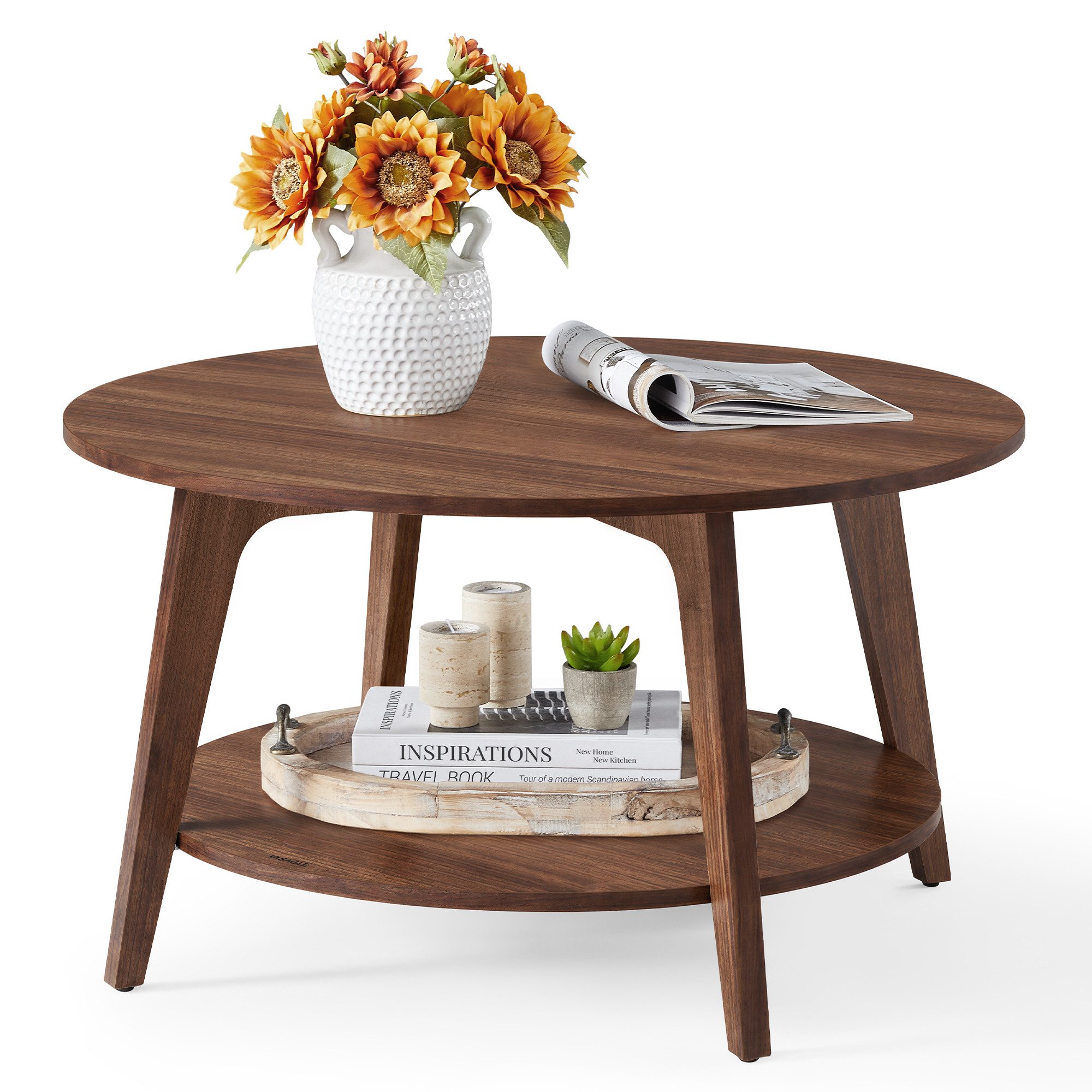 VASAGLE Couchtisch rund Wohnzimmertisch holz Beistelltisch braun (inkl. Zubehörpaket & Anleitung), 2 Ebenen, Ø 80 cm, modern, skandinavisch, einfache Montage