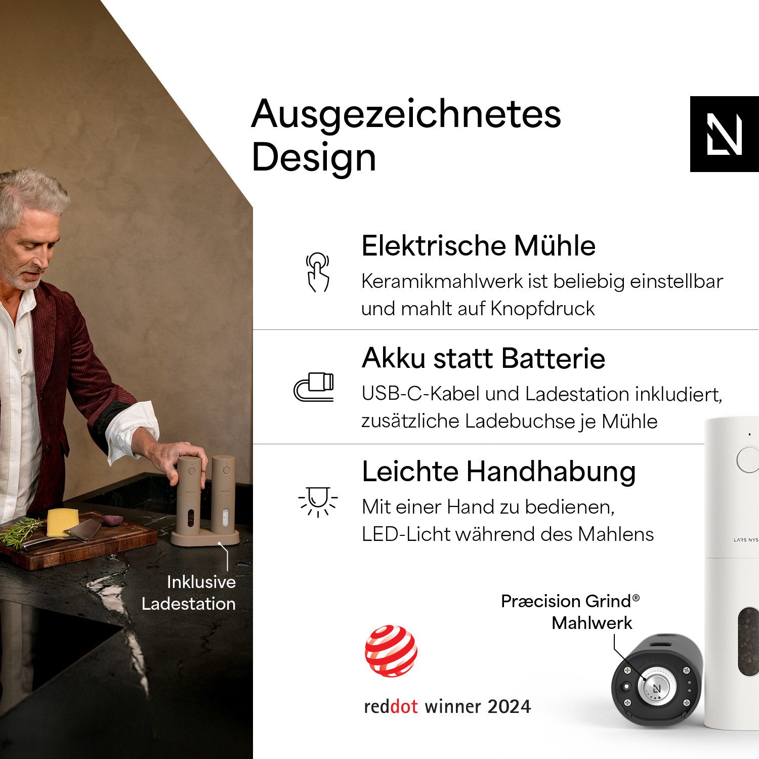 LARS NYSØM Gewürzmühle Spænding praktische Einhandbedienung per Drucktaste, (2 Stück), elektrische Salz- & Pfeffermühle mit eingebautem LED-Licht