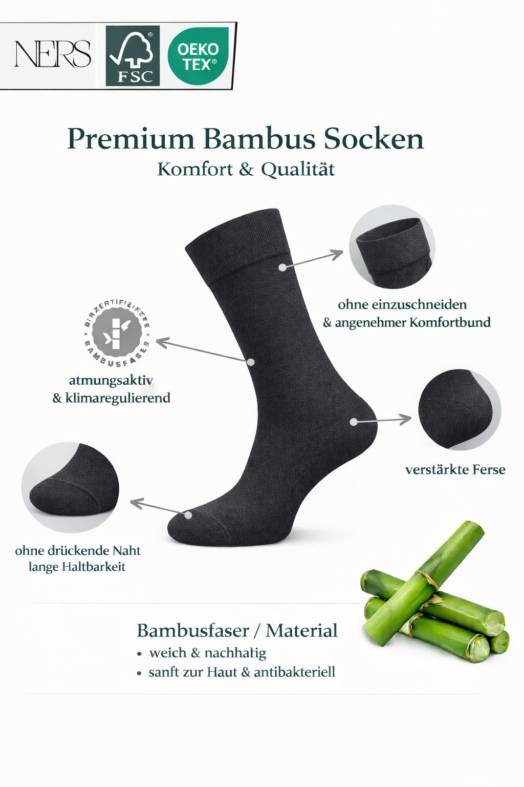 NERS Basicsocken 6 Paar Socken aus Bambus Damen & Herren, ohne Naht, Komfortbund (6-Paar) Premium Bambussocken Atmungsaktiv, & Weich, Geschenkbox