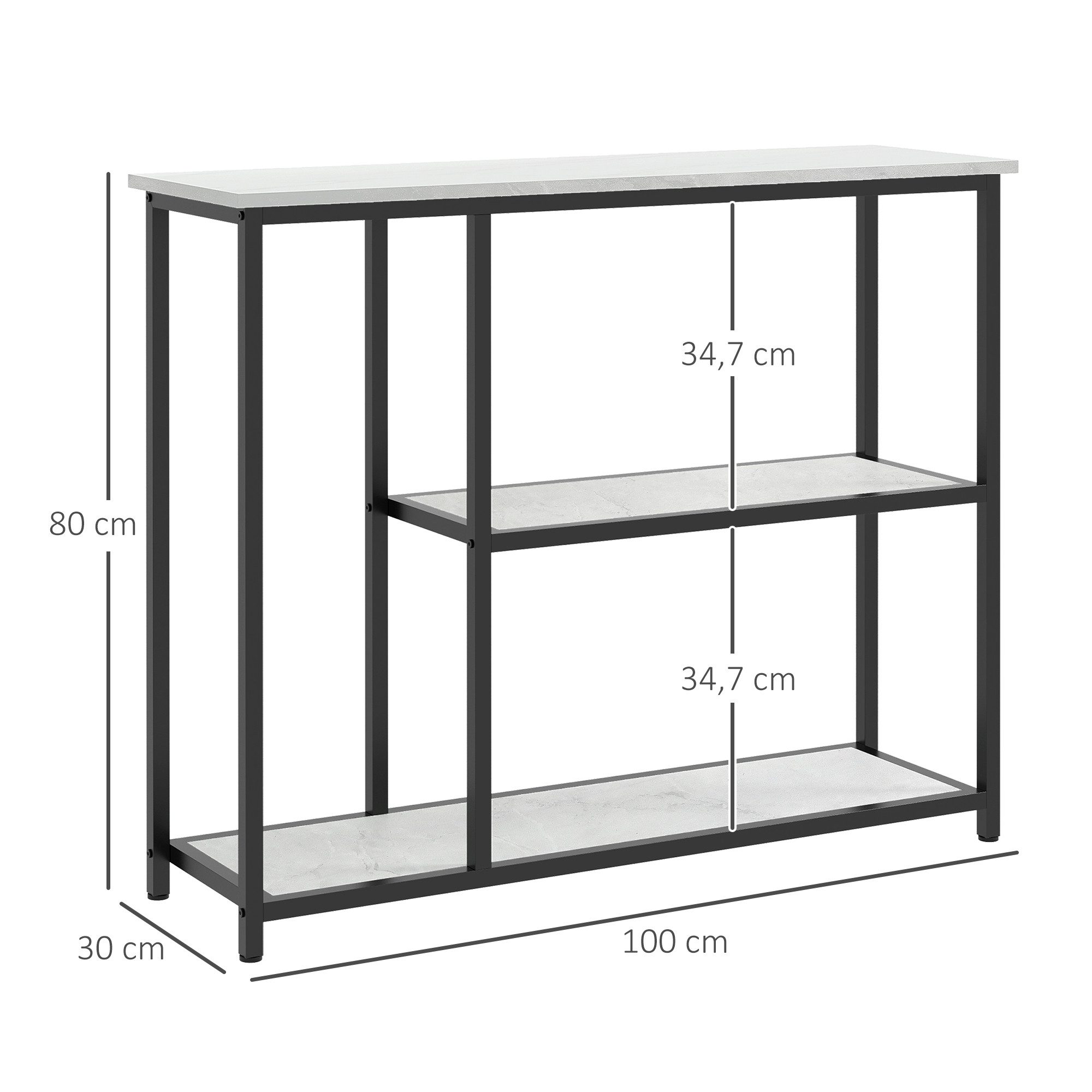HOMCOM Konsolentisch Flurtisch mit 2 Ebenen, Standregal, Beistelltisch, Sofatisch (Flurkonsole, 1-St., Beistelltisch), mit Kippschutz, Diele, Stahl, Weiß, 100 x 30 x 80 cm