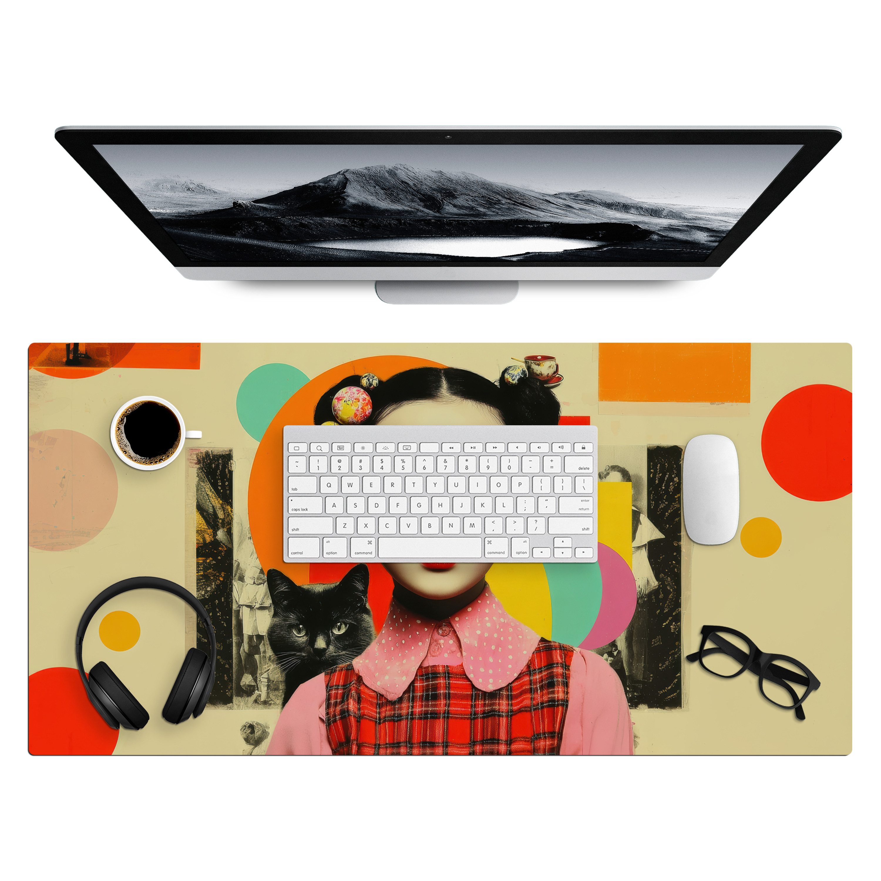 MuchoWow Gaming Mauspad Mädchen - Sonnenbrille - Katze - Retro (1-St), Gaming Mauspad XXL, Schreibtischunterlage, Desk Mat Groß, 80x40 cm