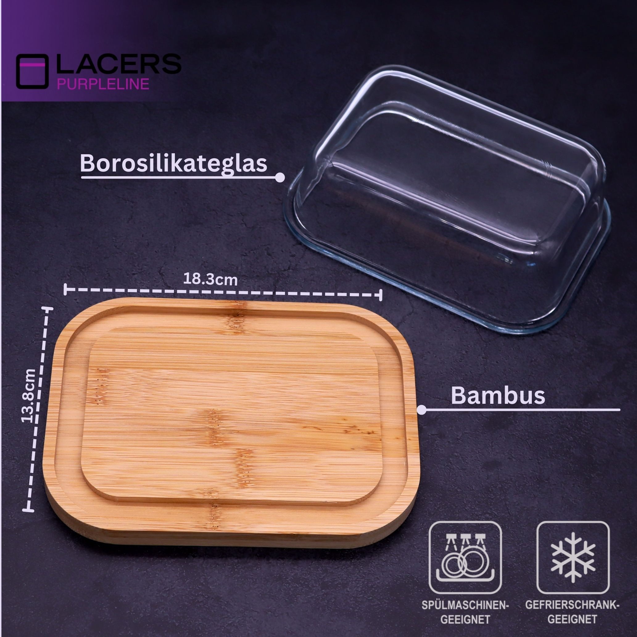 Lacers Butterdose Nachhaltige & BPA-freie 640ml Butterdose aus Glas mit Bambusdeckel, (1-tlg)