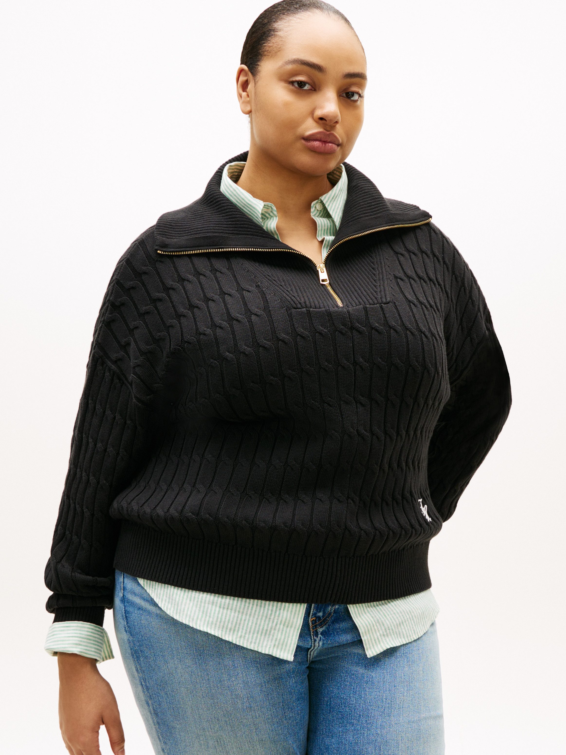 Tommy Hilfiger Curve Troyer CRV CO CABLE MID GG 1/2 ZIP SWT in großen Größen, mit Zopfmuster