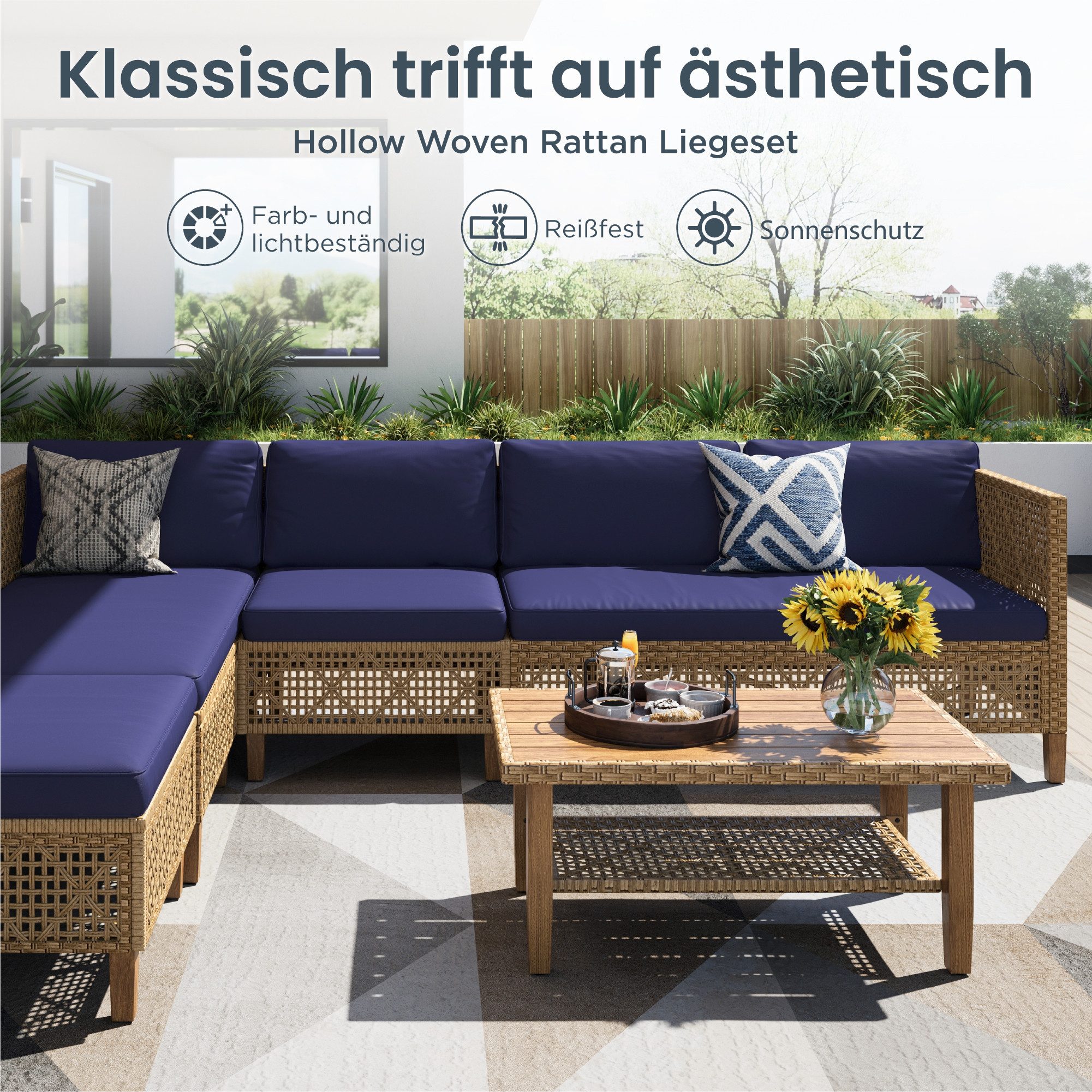 PHI VILLA Gartenlounge-Set, (1 Zweisitzer-Sofa, 2 Einzelsofas, 1 Chaiselongue und 1 Kleiner Couchtisch, PE Rattan Lounge Möbel Outdoor), 6 Personen Terassenmöbel Außen Gartensofa, Beige und Dunkelblau