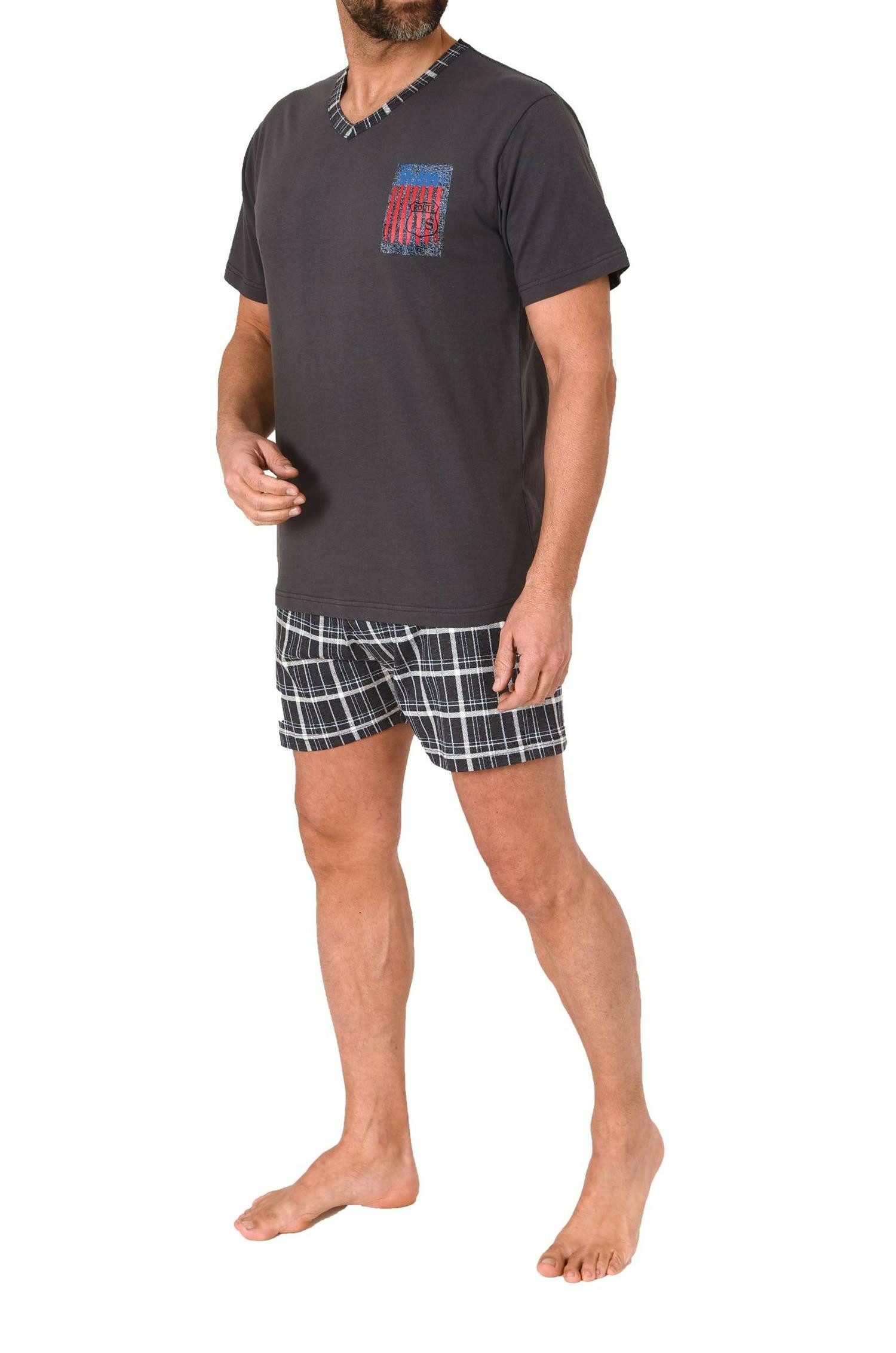 Normann Pyjama Normann Herren kurzarm Schlafanzug Shorty mit karierter Hose – Bild 2 von 4